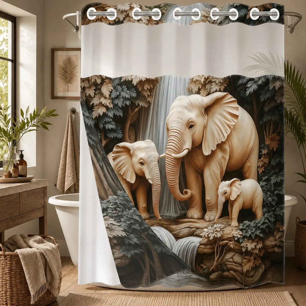 1 Piece Hookless Double Layer Elephant Shower Curtain, Vintage Jungle Animal Family Print, Sheer Viewing Window, Detachable White Snap-Button Liner, Waterproof Washable Bathroom Decor for Home, Apartment, Hotel, Dorm, Home Renovation & Back to School