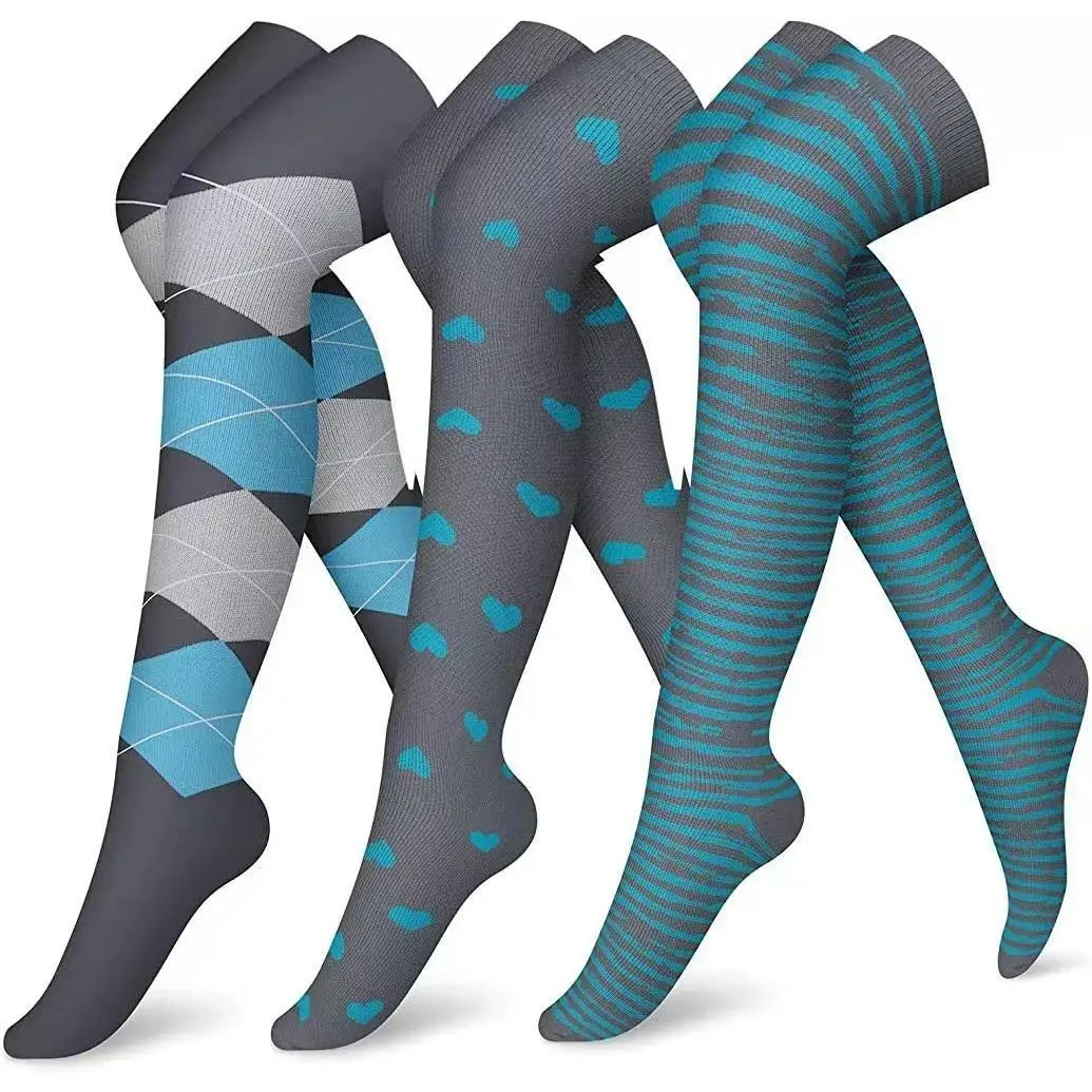 Unisex Striped High-Tube Polyester Compression Socks - Moisture-Wicking, Multi-Size Sports Support Socks for Running, Gym