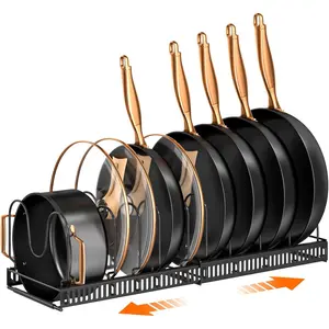 Pots and Pans Organizer Rack for under Cabinet, Expandable 11.81''-22.85'' Pot Lid Kitchen Cabinet Organizer Holder with 10 Adjustable Compartment Cutting Board Organizer for Pan Lid, Bakeware