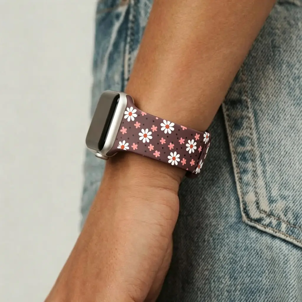 Floral Print Silicone Bag Strap - Dark Purple Base with White-Pink Daisy Ditsy Flowers, Adjustable Holes Multi-Size Cute Replacement, Soft Accessory for Daily Outfit Matching (Luggage & Bag Accessory), Water Proof, Wearable, Accessories