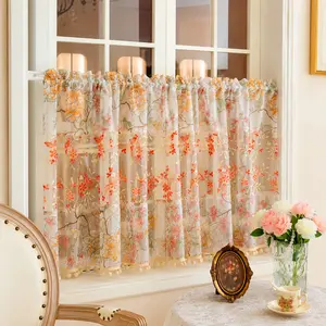 1pc Flower Print Short Curtain, Rustic Style Sheer Curtain, Kitchen Small Window Half Curtain, Coffee Shop Decorative Curtain