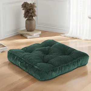 24x24 Square Large Tufted Meditation Floor Cushion for Adults, Green Corduroy Sitting Pillow with Handle, Yoga Seating for Tatami, 1Pack