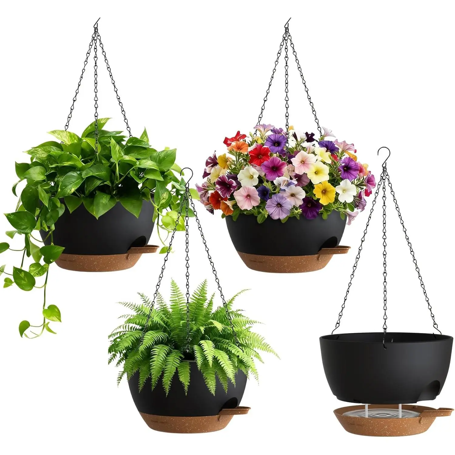 4 Pack 8 Inch Self Watering  Planters for Indoor Outdoor , Pots for  with Drainage Removable Tray,  Baskets Flower Pots for Pothos Spider Garden Black with Brown