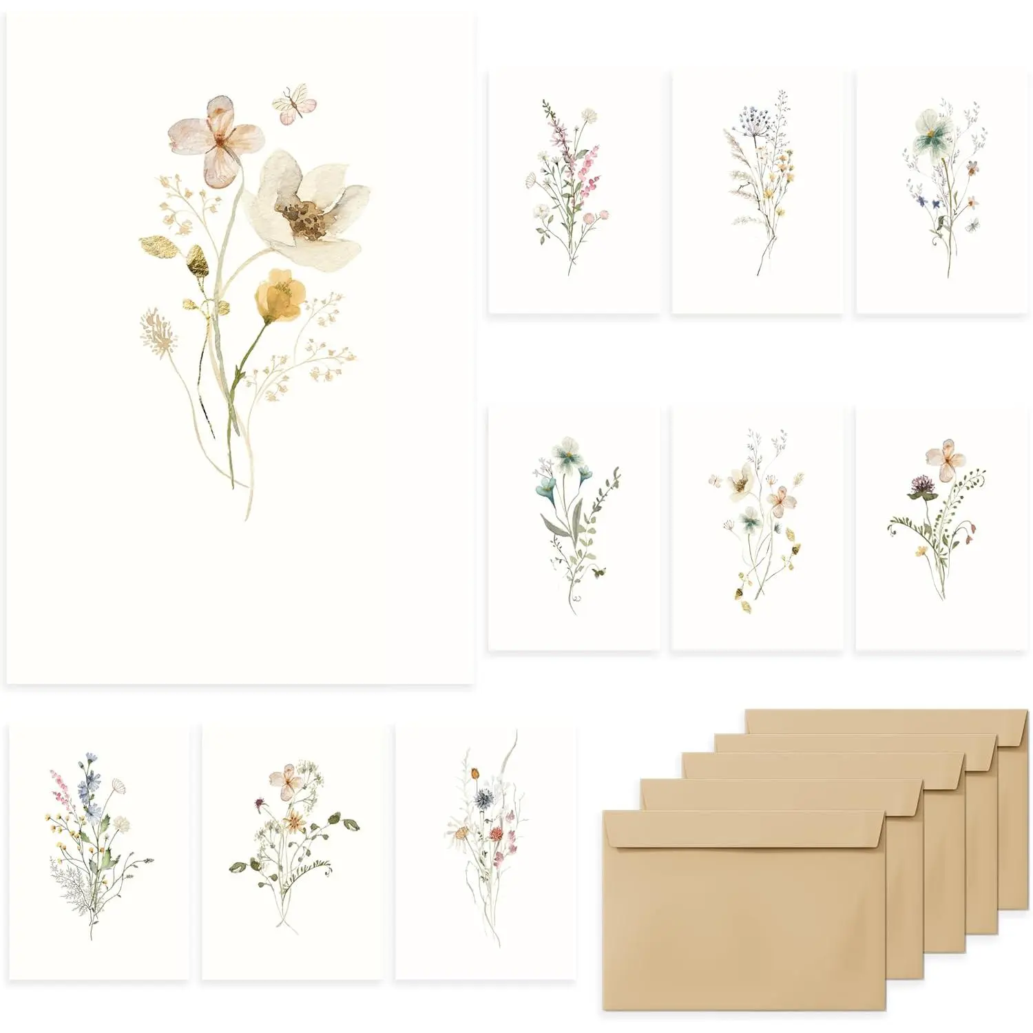 Blank Greeting Cards 4x6 40 Pack - Elegant Floral Design Blank Greeting Note Cards with Matching Peel-and-Seal Rustic Envelopes