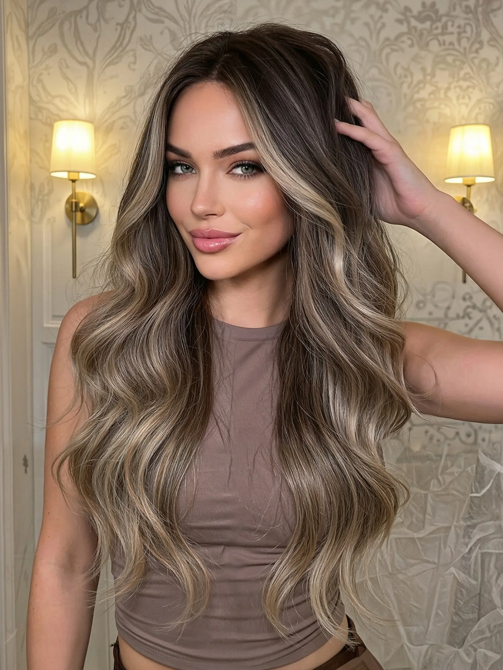 Gold Gradient Highlights Long Wavy Loose Curly Wig, Center Part Long Curly Hair High Heat Fiber Full Head Wig, Synthetic Material Fiber Wig, Synthetic Ombre Wig