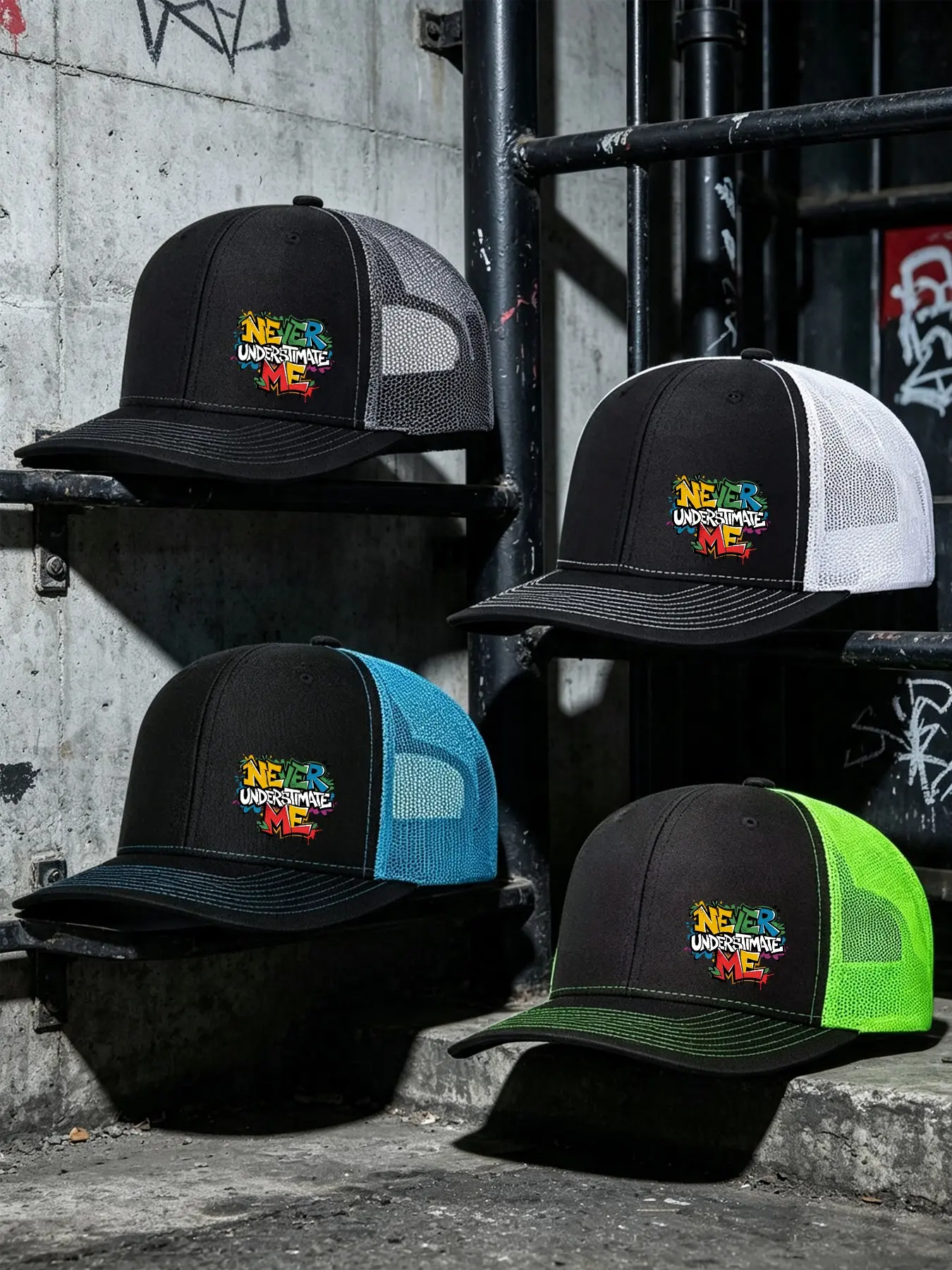 4pcs Unisex Polyester Baseball Cap Letter Printing Hat Mesh Hats for Mens Women Richardson Slightly Curved Brim Baseball Cap Adjustable Trucker Hats Dad Hats Outdoor Mesh Breathable Sun Hat
