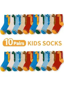 10 Pairs Kids Socks, Spring Fall Comfortable Soft Casual, Cartoon Dinosaur Mid-Calf Socks, Boys Toddler Teen Student Socks, Sporty Baby Socks, Breathable
