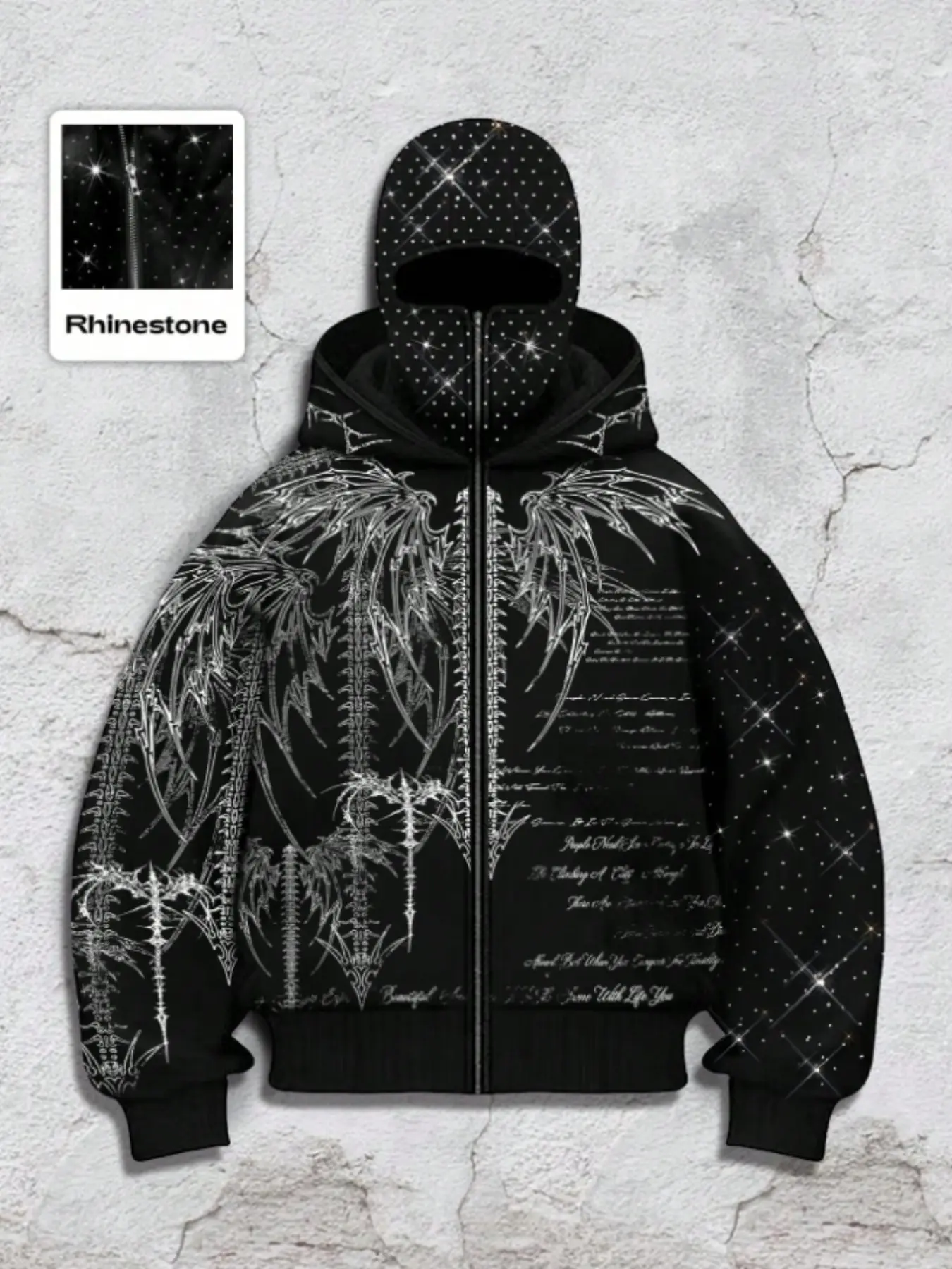 Y2K Gothic Hip Hop Oversized Graphic Hoodie, Sweatshirts, Star Rhinestone Face Mask, Dual Hoods, Full Zip, Long Sleeve, Street Style, Streetwear, Winter Wear