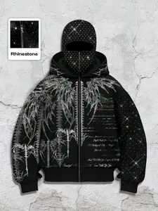 Y2K Gothic Hip Hop Oversized Graphic Hoodie, Star Rhinestone Face Mask, Dual Hoods, Full Zip, Long Sleeve, Street Style, Winter Wear