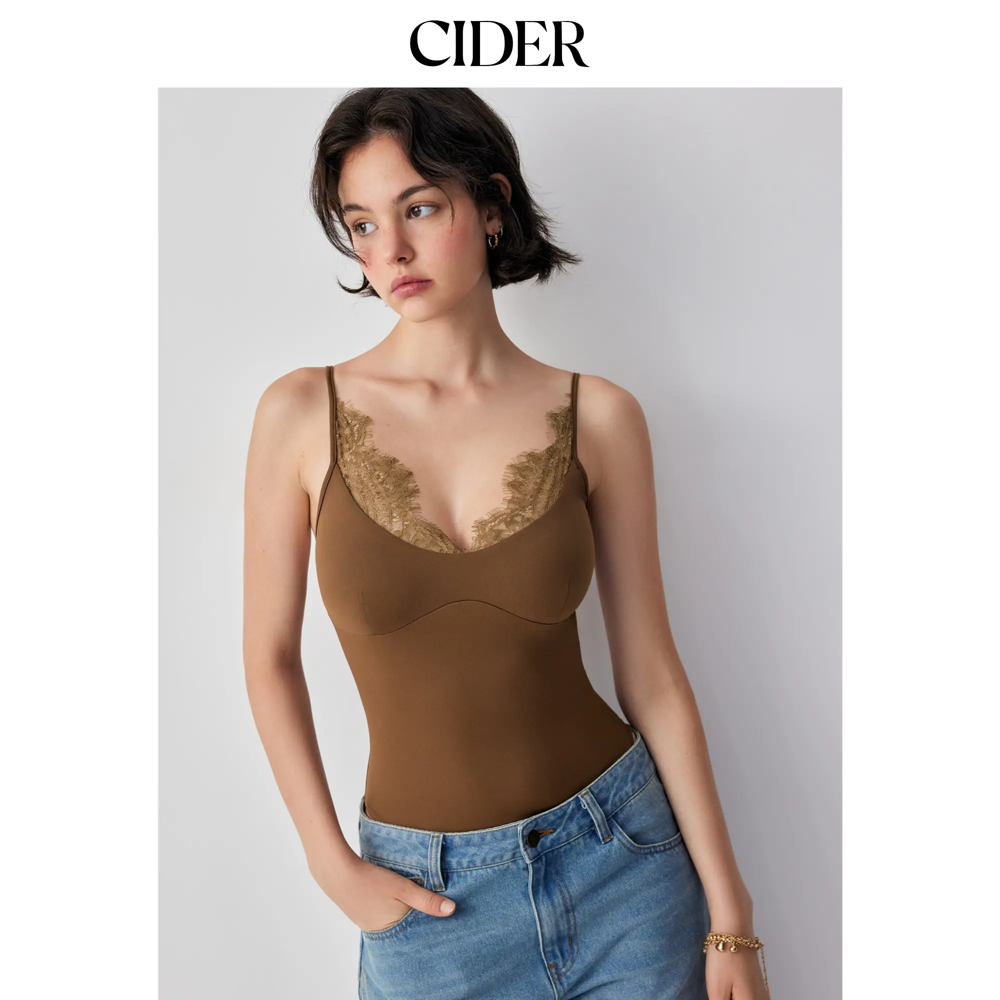 Cider Scoop Neckline Scalloped Lace Trim Cami Bodysuit