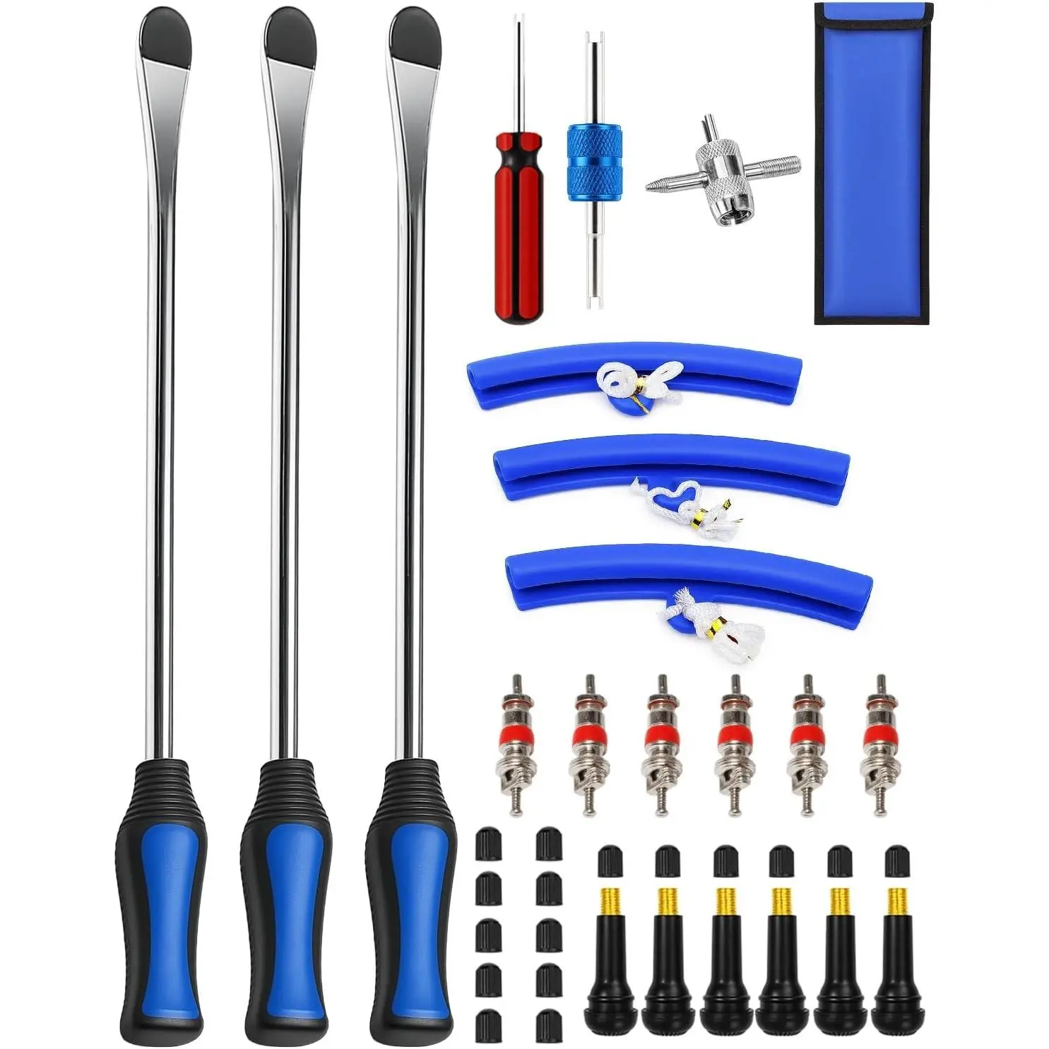 Tire Spoons, 32Pcs Tire Changing Tool with Rim Protectors, Valve Tool, Valve Cores, Valve Stems, Valve Caps, Storage Bag, 15" Tire Spoon Kit for Motorcycle Dirt Bike Lawn Mower Tractor Bicycle