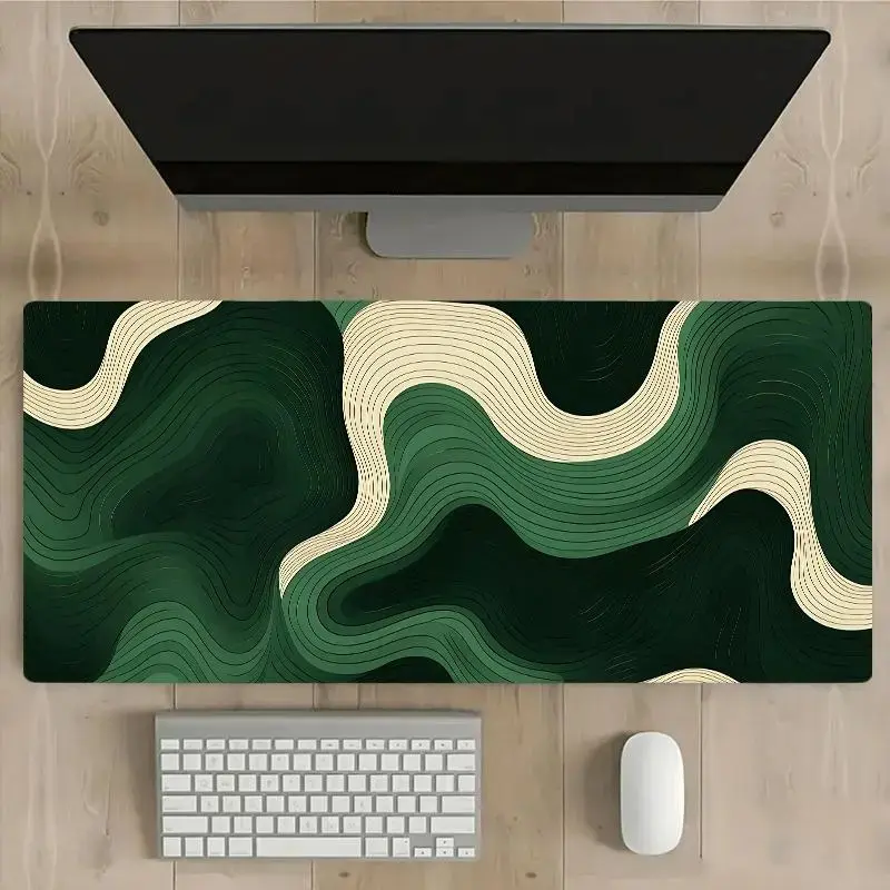 Green Wave Pattern Mouse Pad, Rectangle Gaming Mouse Pad, Non-Slip Rubber Base Stitched Edge Desk Pad for Laptop Desktop, Office Desk Accessories, Desktop Accessory, Computer Desk Accessories