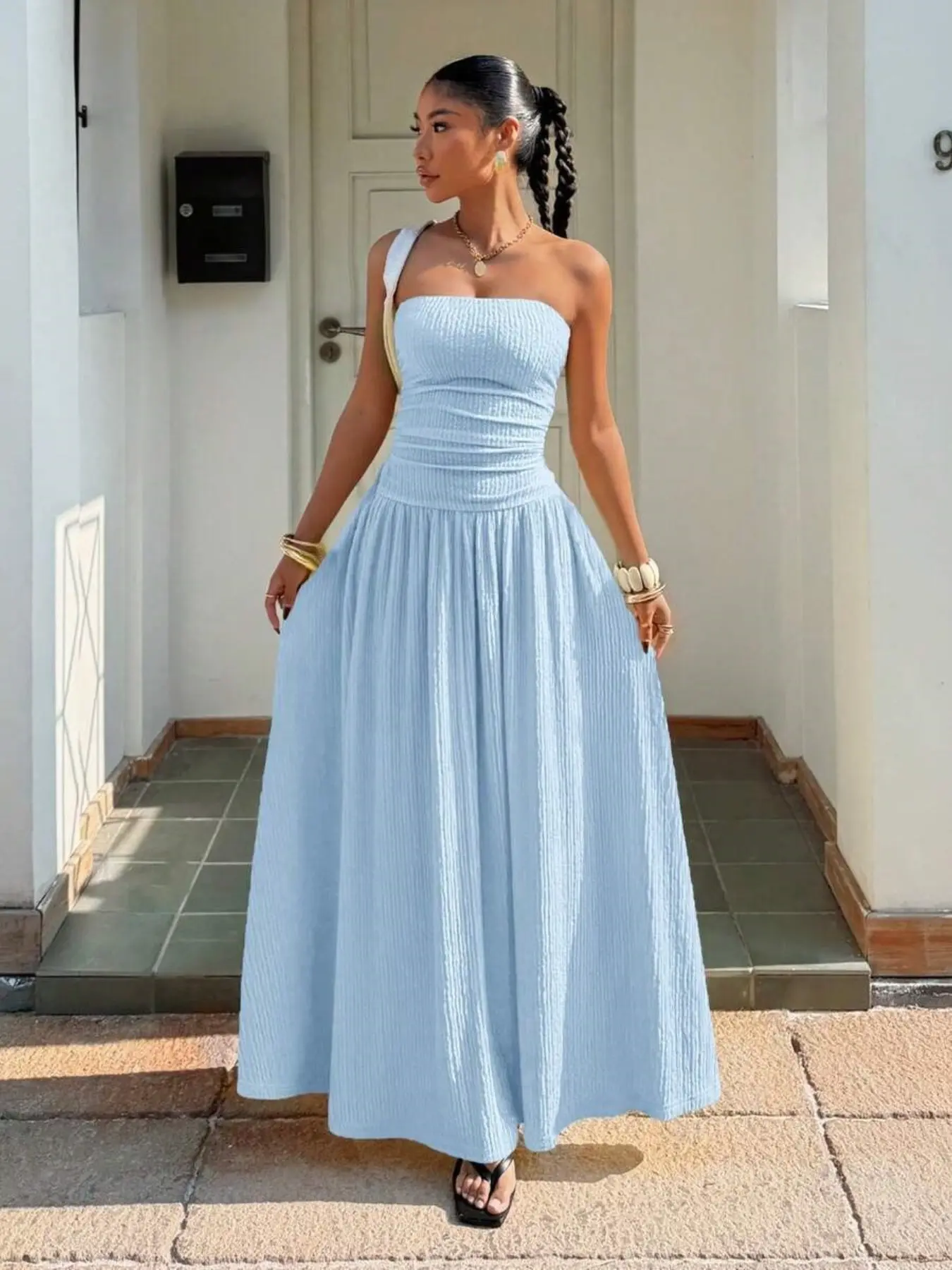2026 New Bustier Strapless Long Dress, Ruched High Waist Flowy Beach Vacation Dress, Elastic Ruched Tall A-Line Dress, Casual Daily Wear, Beach Trip, Summer Shopping