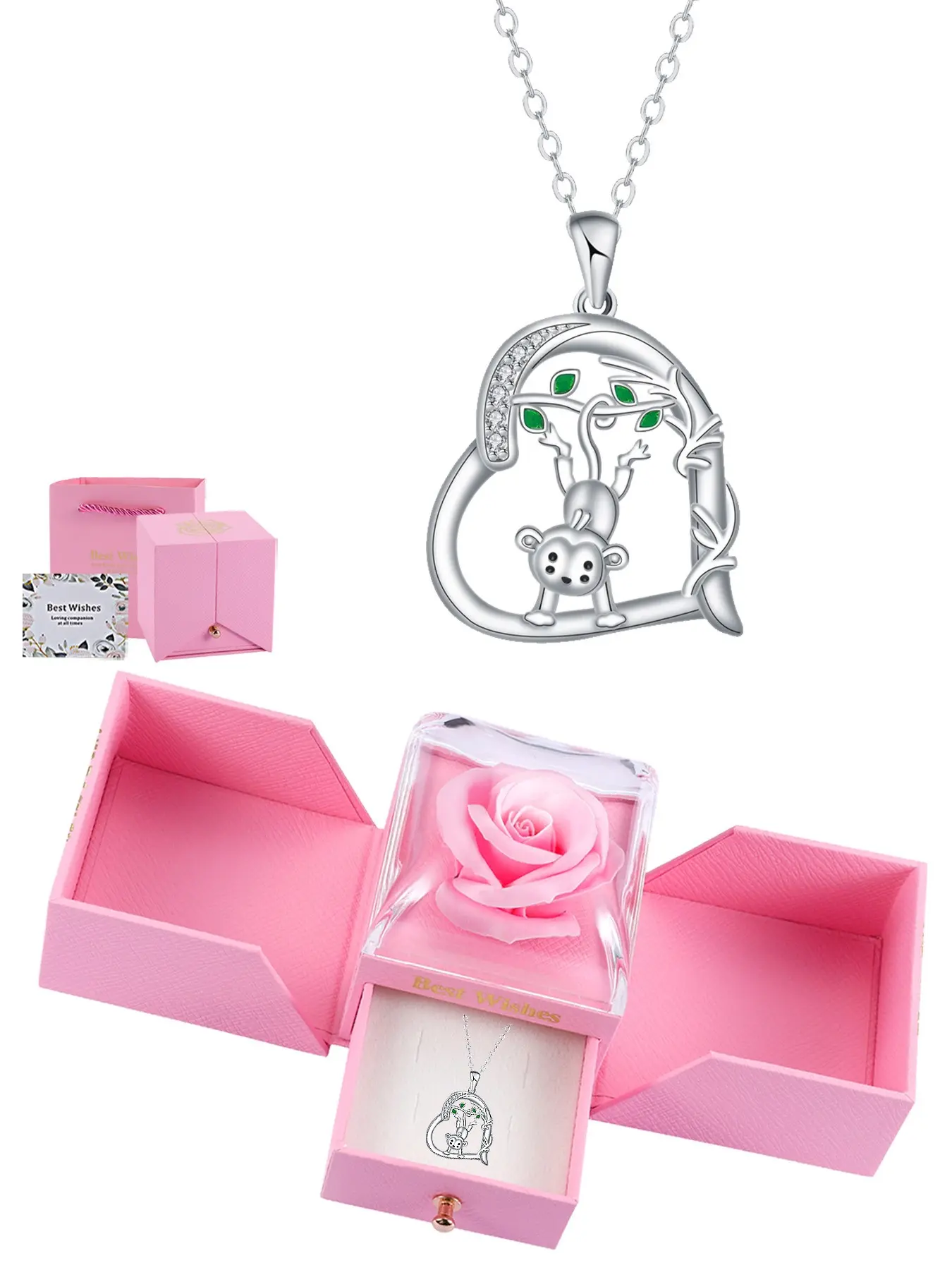 Cute Monkey Fashion Accessory Necklace Heart Pendant & Eternal Flower Rose Gift Box, Daily Wear Holiday Christmas Gift for Girlfriend Friend, Love Heart Necklace, Heart Shaped Necklace