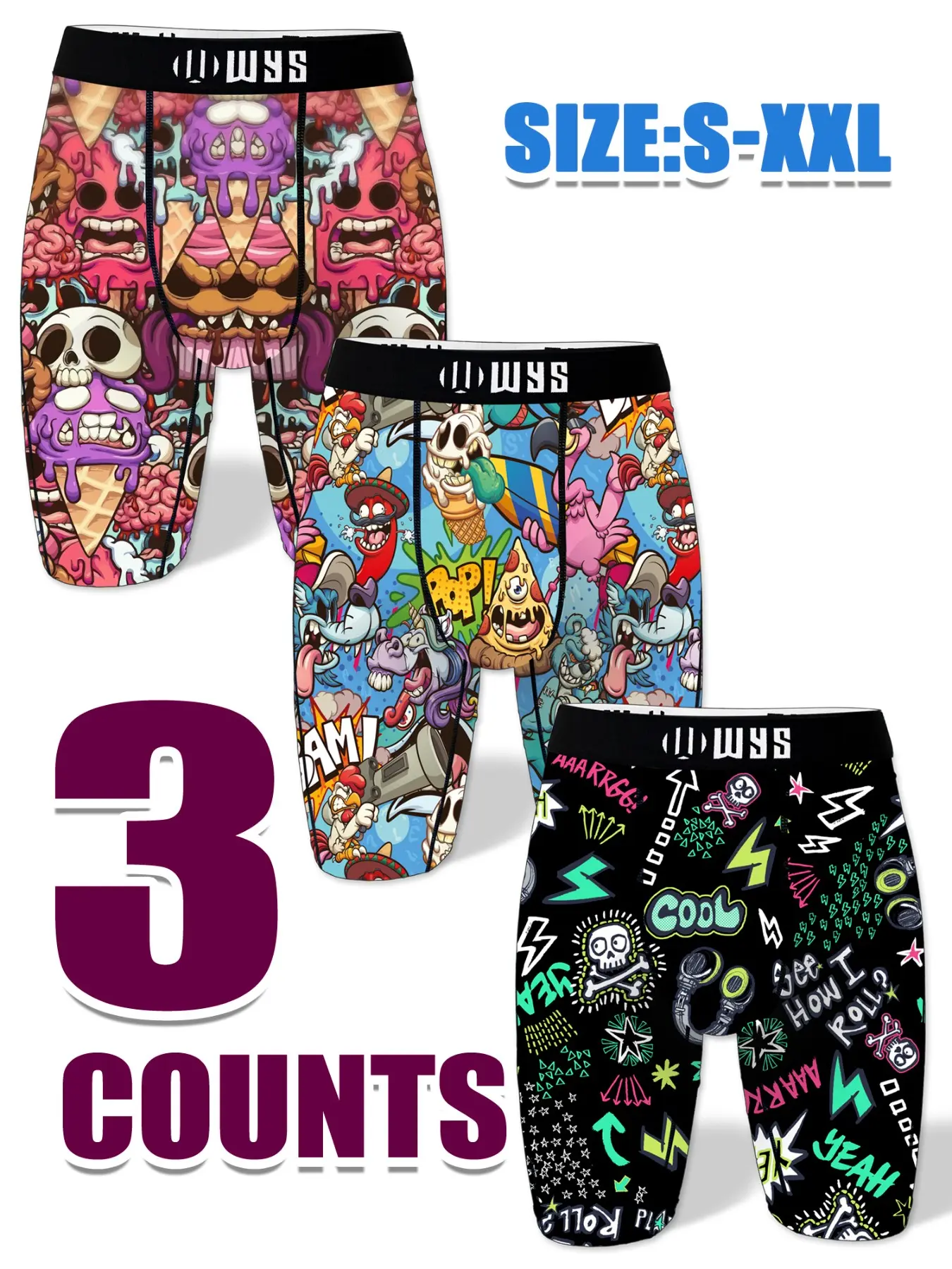 3pcs Men's Long Sport Underwear, Casual Fitted Stretchy Printed Boxer Briefs, Halloween Skull Pattern, Moisture-Wicking, Breathable, Comfortable