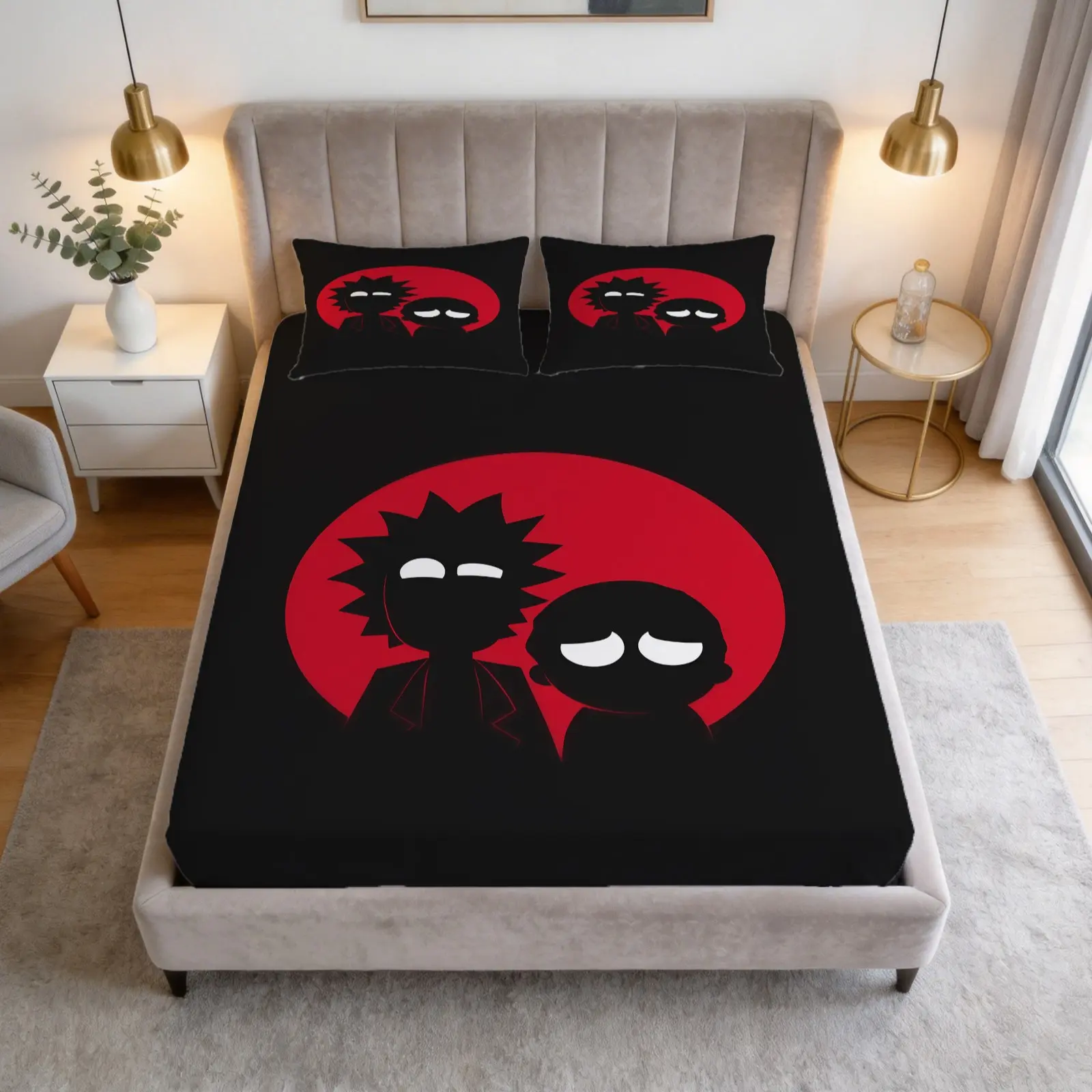 Black Cartoon Silhouette Bed Sheet Set, Cool Bedding Set, Rick And Morty, 1 Bedsheet With 2 Pillowcases, a Mysterious Style Bedding Suitable For Bedrooms, Dormitories, And Guest Rooms, Perfect For Spiritual Enthusiasts