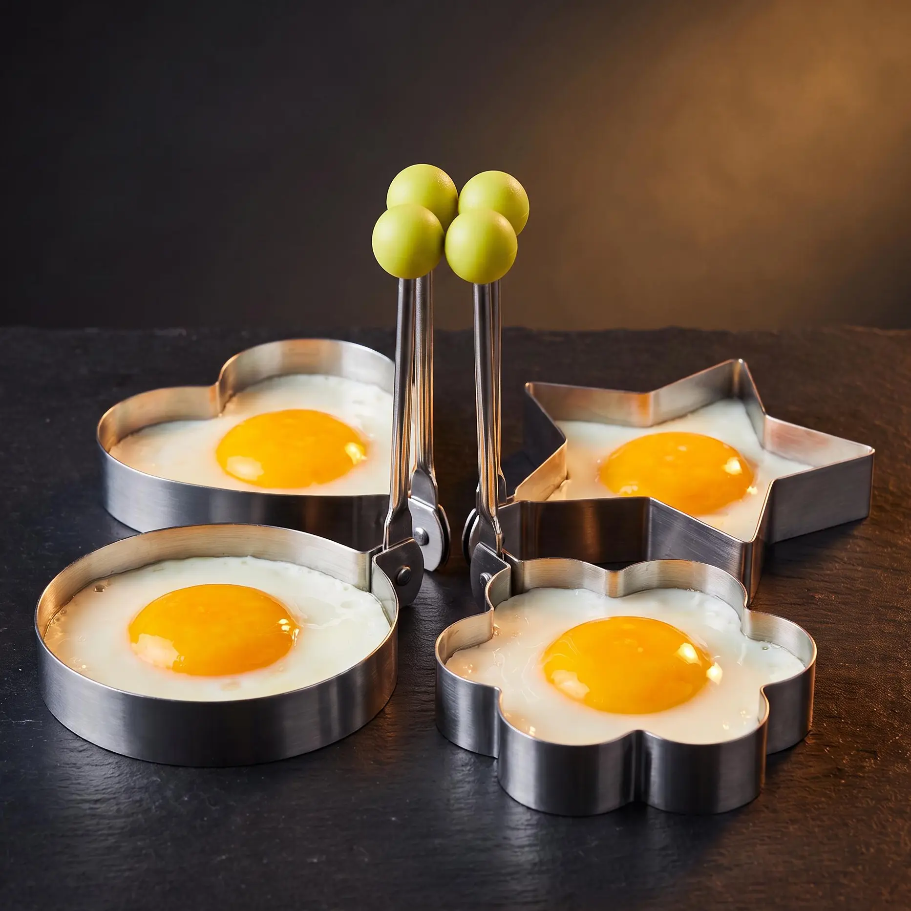4-Pcs Food-Grade Steel Foldable Handle Silicone Nonstick Shaped Egg Molds Set, Kitchen Breakfast Griddle Utensils with Sturdy Feel & Stay-Cool Handles for Fried Eggs, Burger Patties (4 Creative Shapes)