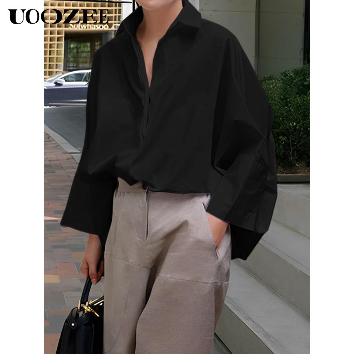Women's Oversized Cotton Blouse Long Sleeves Solid Color Lapel Collar Baggy Casual Tops All Seasons