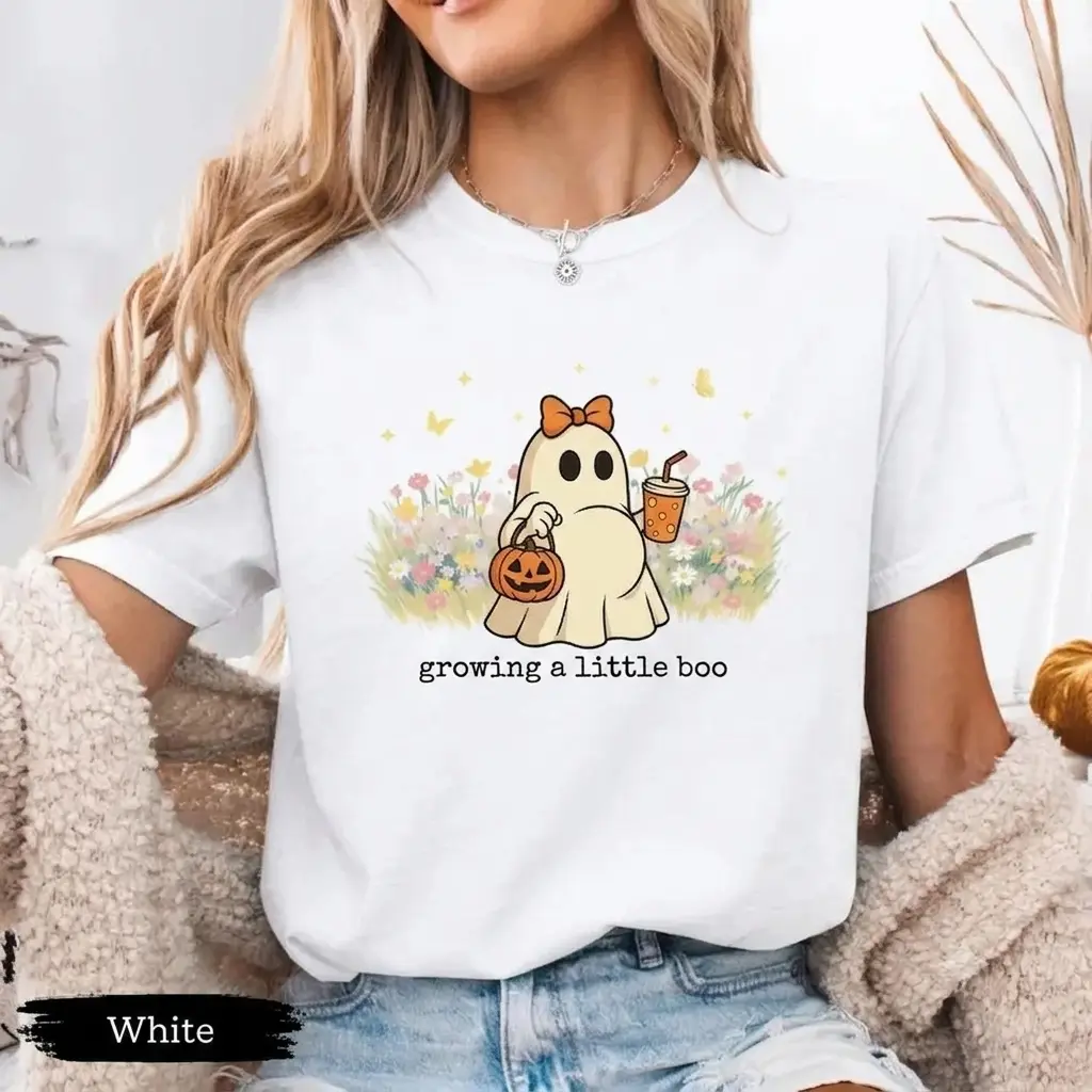 [Saleup to 75%] Halloween Maternity Shirt, Growing A Little Boo, Funny Pregnancy Announcement 2026 Shirt, Spooky Pregnant Costume, New Mommy