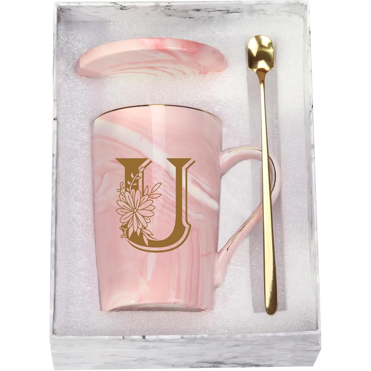Letter U Personalized Initial Mugs with Flower, Letter U Personalized Novelty Coffee Mug, Novelty Letter Coffee Mugs for Women, Bridal Shower Gifts, Women's Initials Gifts Coffee Mug 14 Ounce