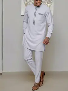 2 Piece Kaftan Men Suit, Long Sleeve Round Neck Embroidered Shirt, Casual Pants, African Style, Festival Party Wedding Banquet Wear