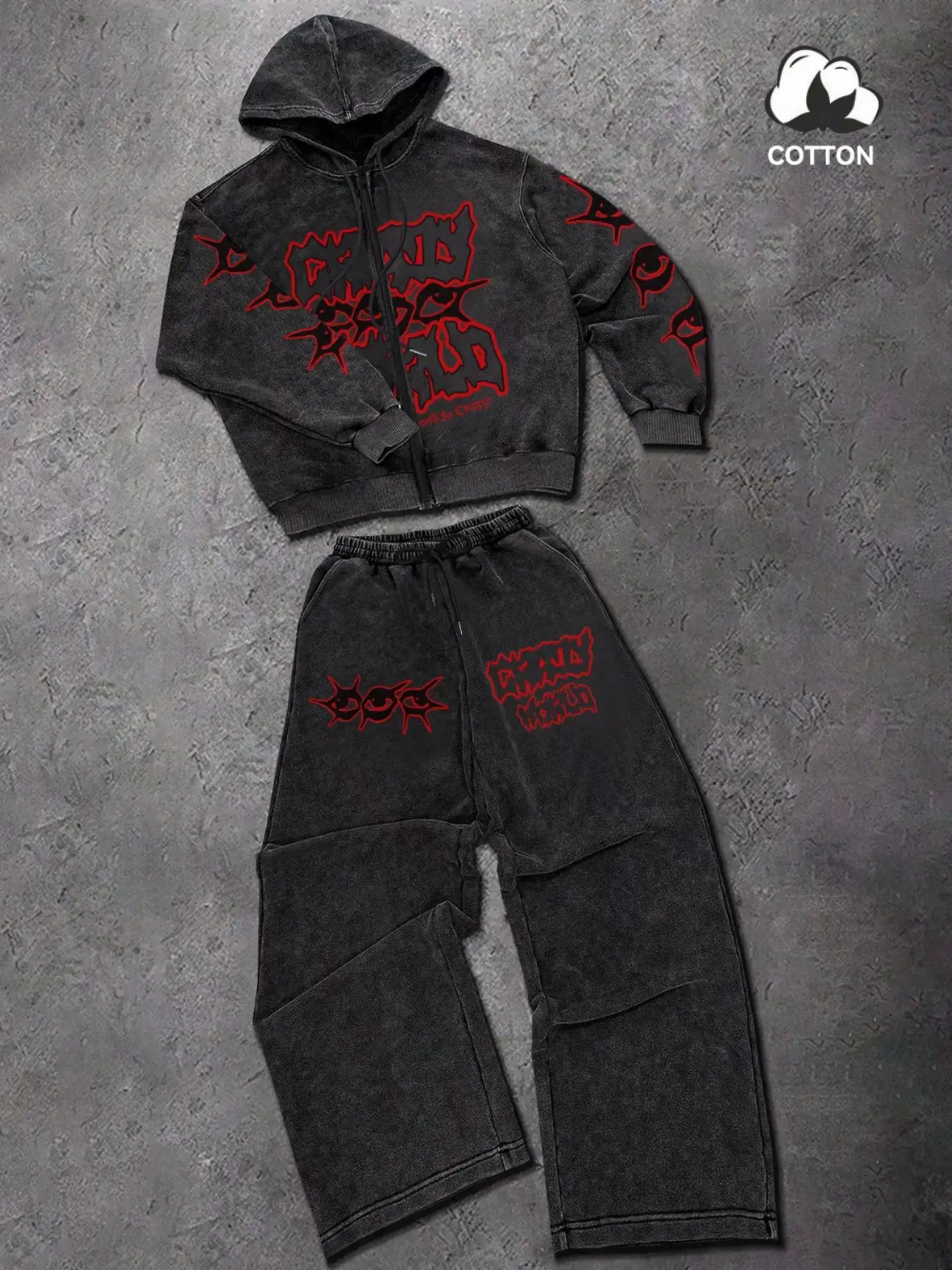 Men's Graphic Print Suit, Casual Loose-Fitting Jacket with Zipper + Drawstring Pants, Trendy Dark Style, All Seasons Wear