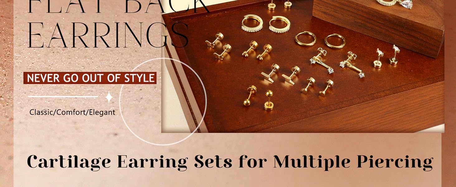 Fashionable  Hypoallergenic Flat Back Earrings Gold Earrings Stacks Set Surgical Stainless Steel Cartilage Earring for Women Dainty Flatback Stud Small Hoop Earring Sets for Multiple Piercing