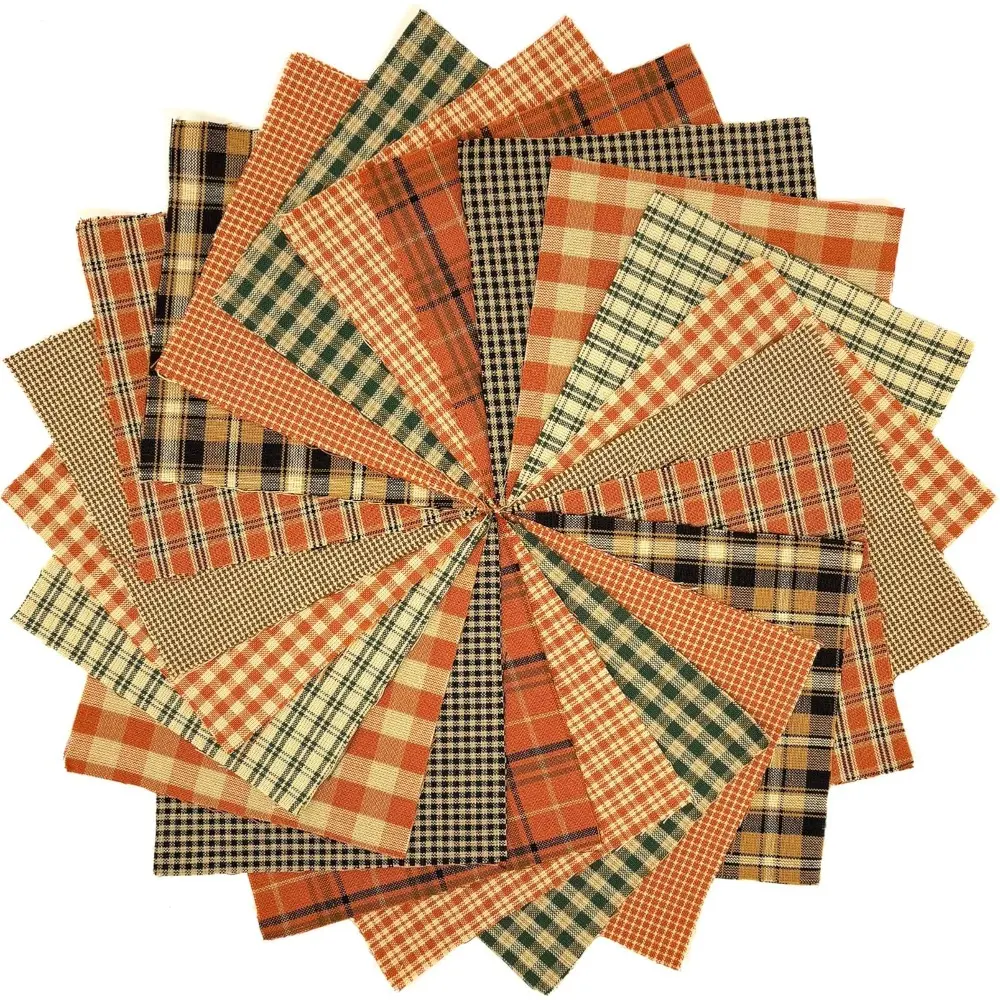 50Pcs Autumn Spice Fabric Squares 3.94x3.94 Inch Precut Orange Pumpkin Plaid Fabric Patches for Quilting Patchwork and Fall DIY Craft Production
