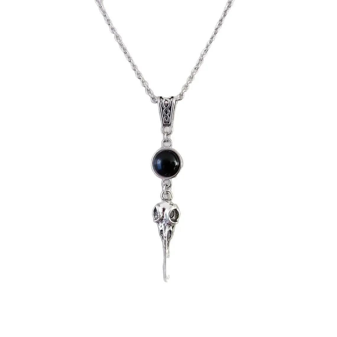 Gothic Raven Skull Necklace with Carved Natural Agate Stone Pendant, Occult Witchcraft Jewelry for Goth Style, Skull Motif