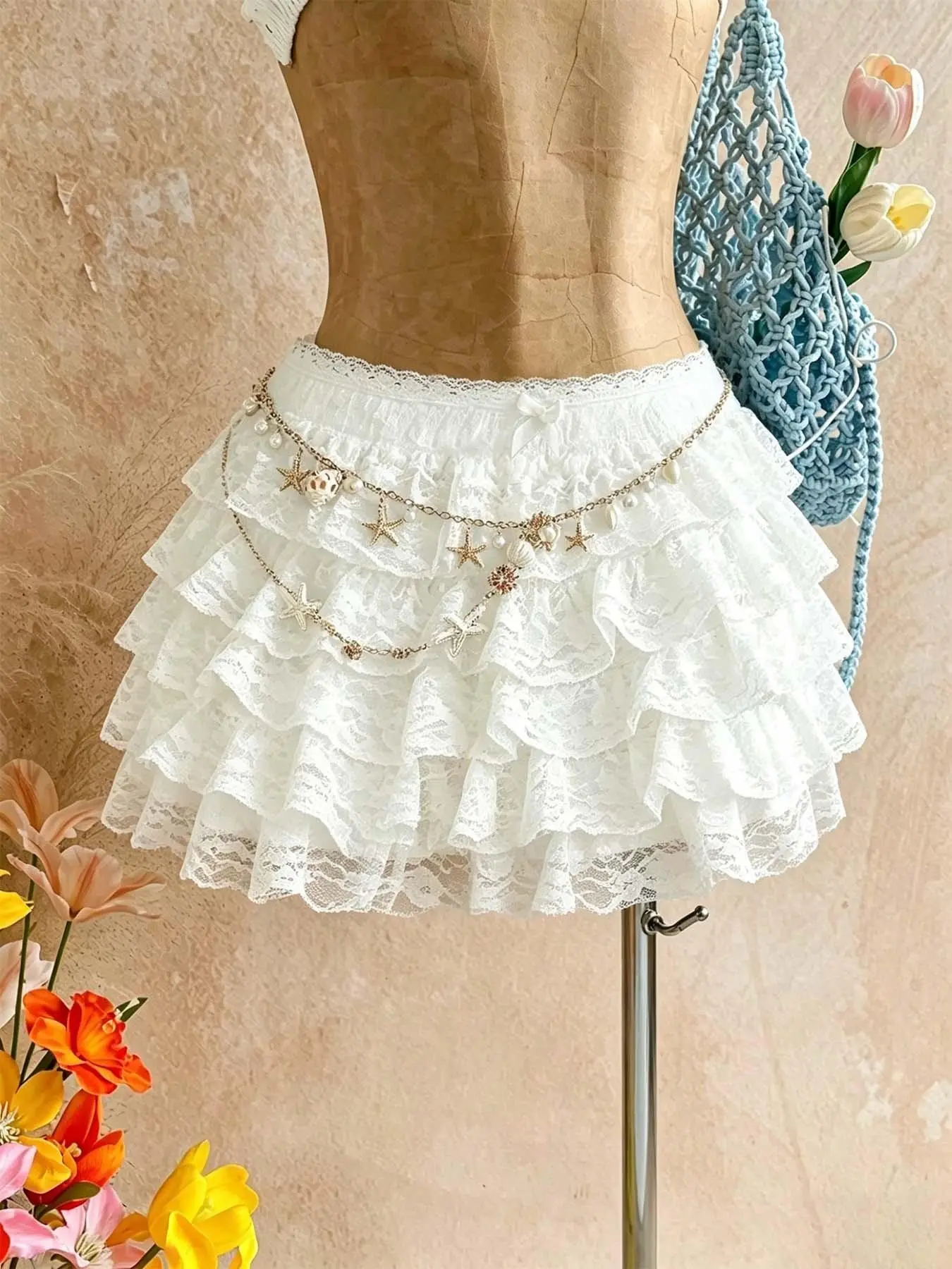 Layered white lace pleated mini skirt, Beach Skirts, Multilayer Cake Skirt, comfortable fabric, high waisted layered cake skirt, elegant and lightweight, perfect for summer beaches. #Elegant Skirt # FairycoreFashion