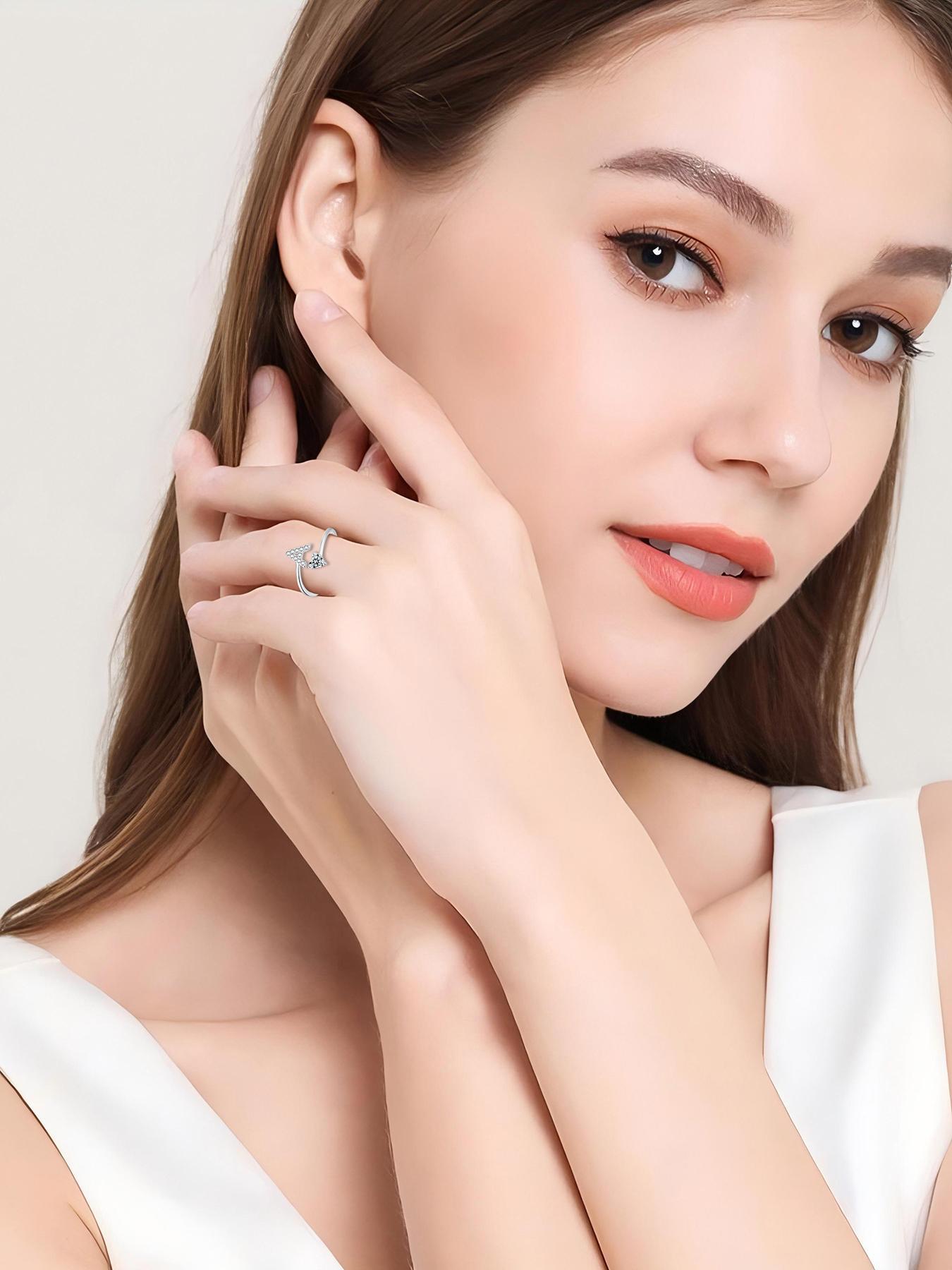 S925 Sterling Silver Letter Design Artificial Zircon Decor Cuff Ring, Fashion Jewelry for Party, Daily Decor, Trendy All-match & Exquisite Jewelry for Gift