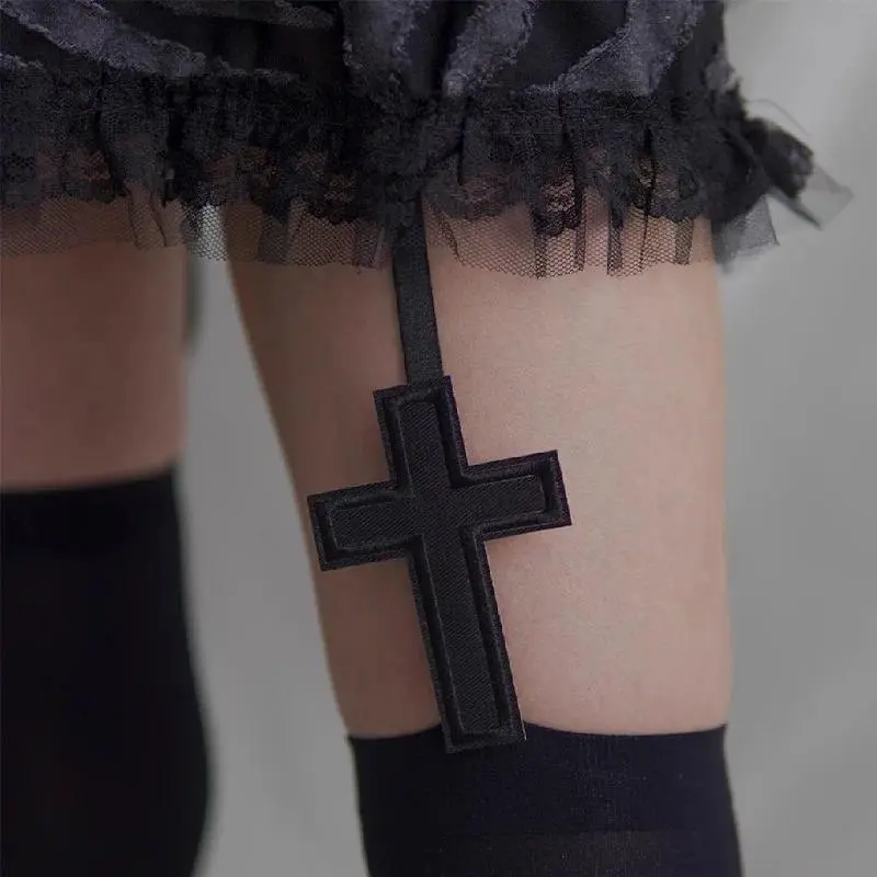 Distinctive Cross Women's Sexy Cross Thigh High Stockings with Suspender Gothic Lolita Japanese Style JK Black White Garters Long Socks Hosiery