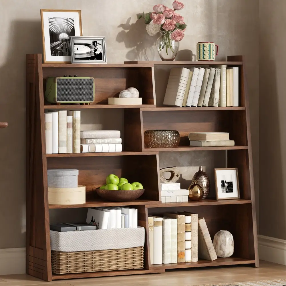 Expandable Bookshelf, 4-Tier L-Shaped Corner Bookcase with Adjustable 2-Piece Design, Wooden Storage Rack Extendable up to 47 Inches, Freestanding Wall Shelf for Bedroom, Living Room, Home Office, Small Spaces & Corner Storage Organization
