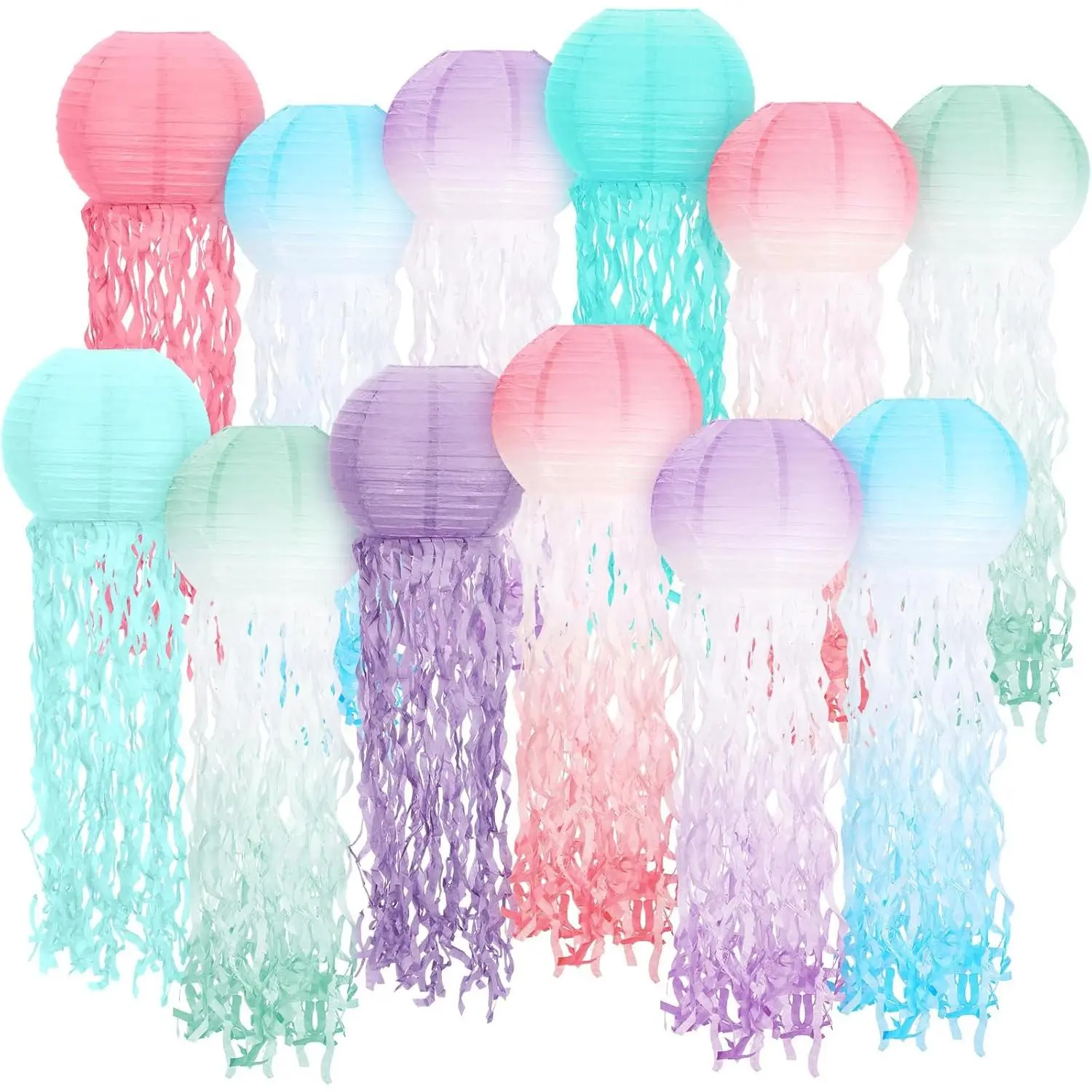 12 Pack Hanging Jellyfish Paper Lanterns - Under the Sea Ocean Party Decorations, Jelly Fish Decor for Mermaid Beach Theme Birthday Party, Baby Shower, Classroom - Multicolor Gradient Color