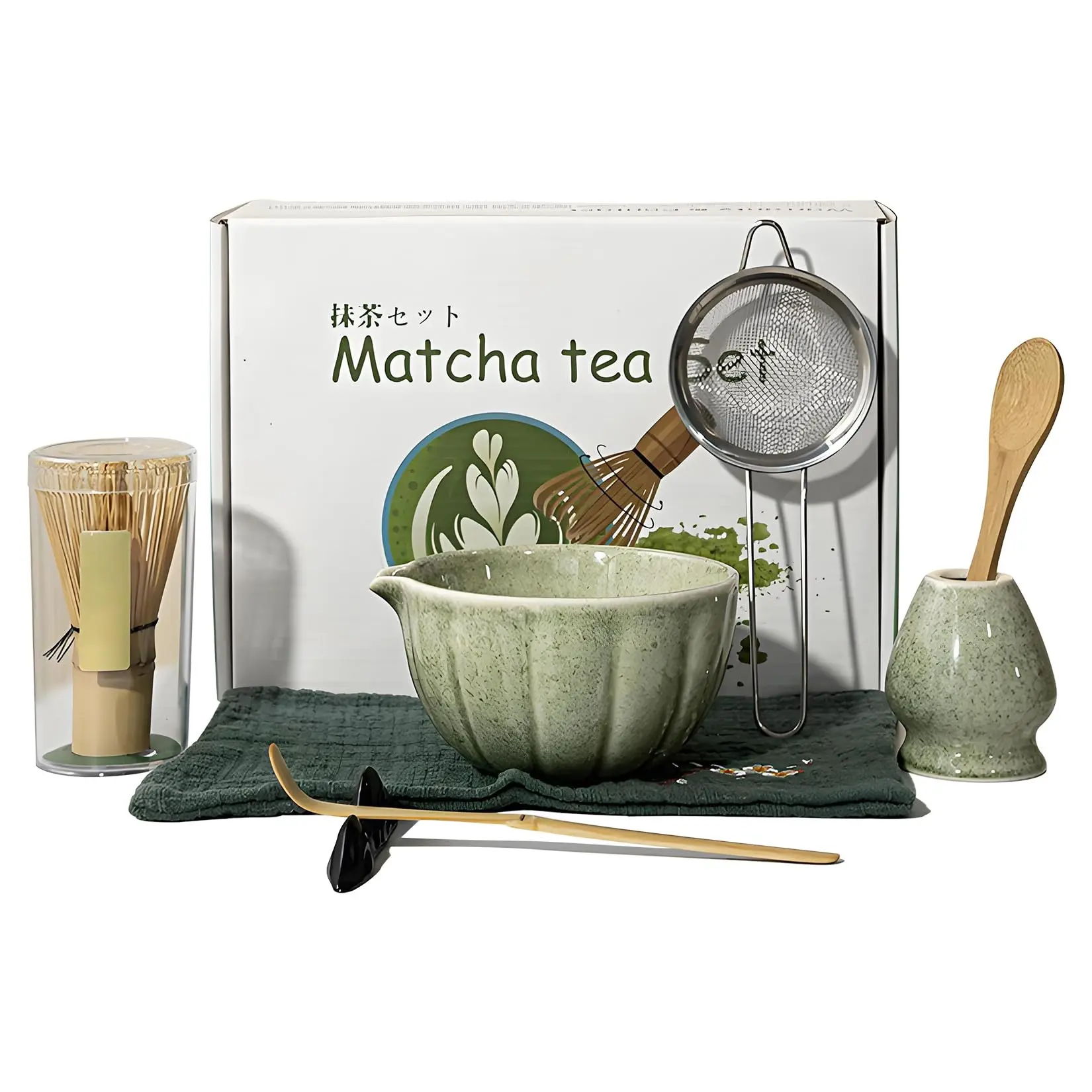 Garvee Premium 6-Piece Matcha Set Kit with Ceramic Bowl, Bamboo Whisk, Scoop, Sifter, Chasen Holder & Brush, Perfect for Beginners and Enthusiasts, Available in Mottled Green, Pink, and White Colors