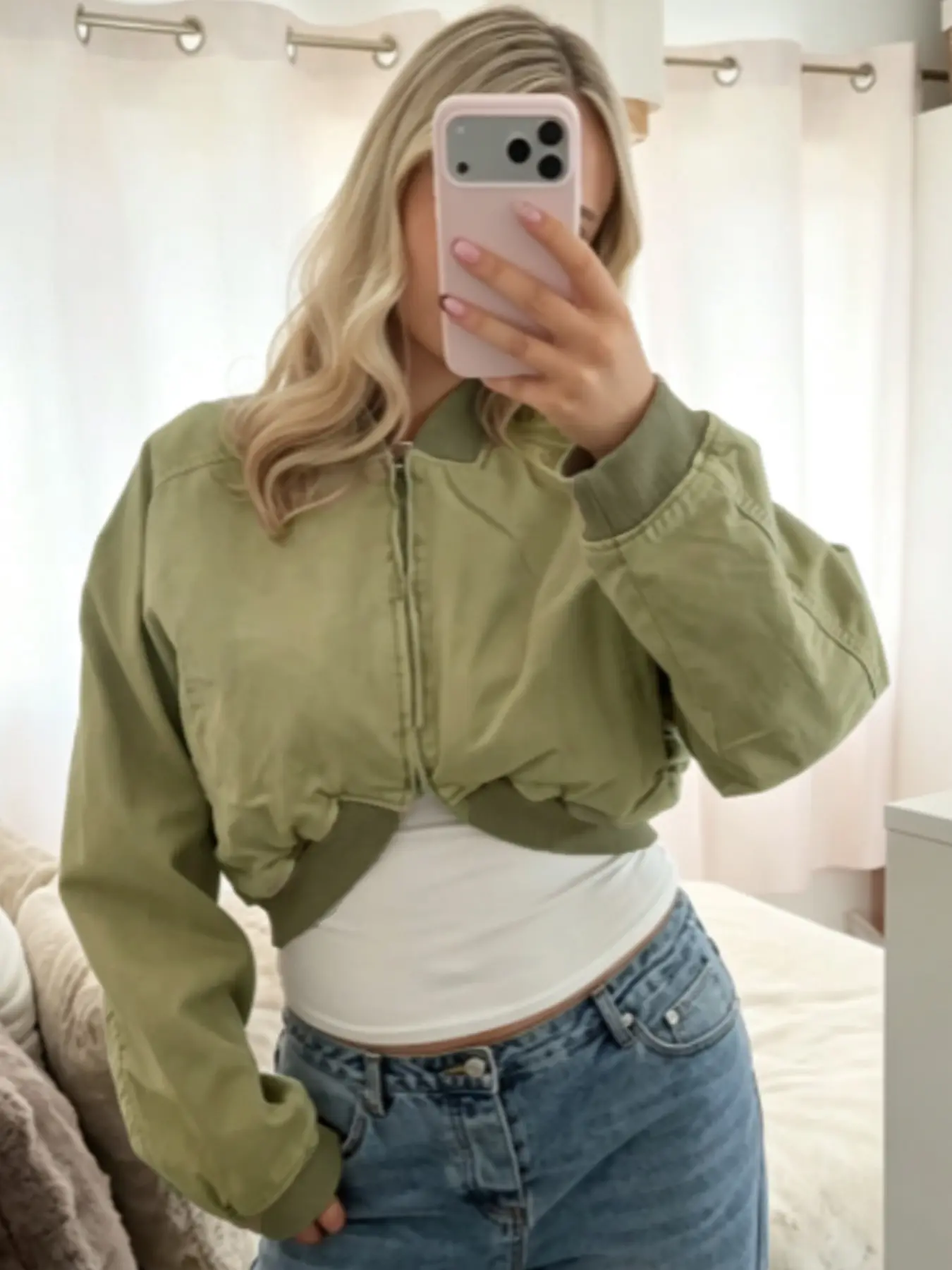 Women's Cropped Green Basic Casual Jacket Women's Bomber Jacket Autumn 2026 Elegant Ribbed Collar Zip-Up Long Sleeve Tops For Women Balloon Pilot Jackets Chic Streetwear Holiday Travel Outerwear Coats