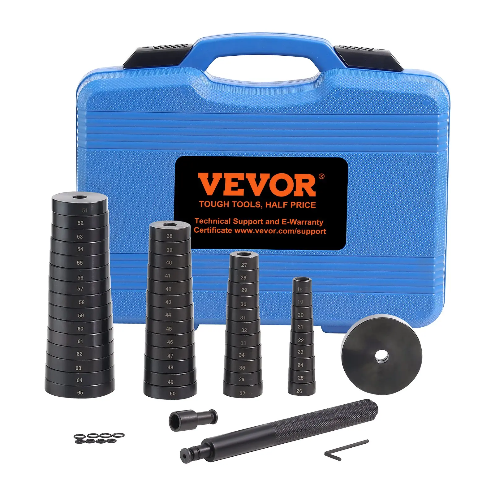 VEVOR 52PCS Steel Custom Bushing Bearing Seal Driver Tool Kit with Rustproof Finish, Bearing Work Repair Installer & Remover for Transmission Wheel Axle Race, 18-65mm/74mm Metric Metal Discs + Box Bush Puller Press