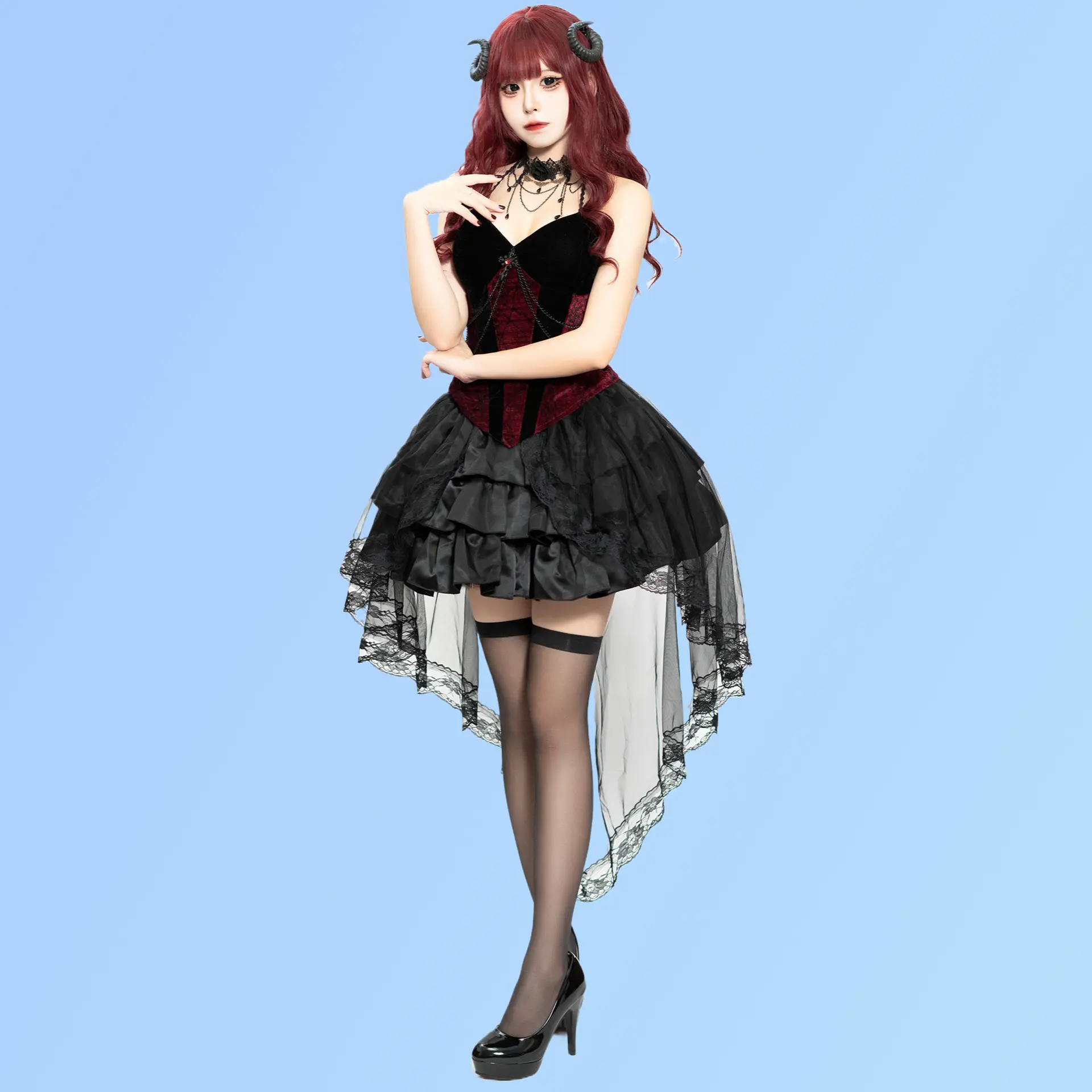 Gothic Court Duchess Lace Dress - Aesthetic, Gorgeous, Elegant, Breathable Skirt - Halloween Vampire Cosplay Outfit for Role-Playing Events, Solid