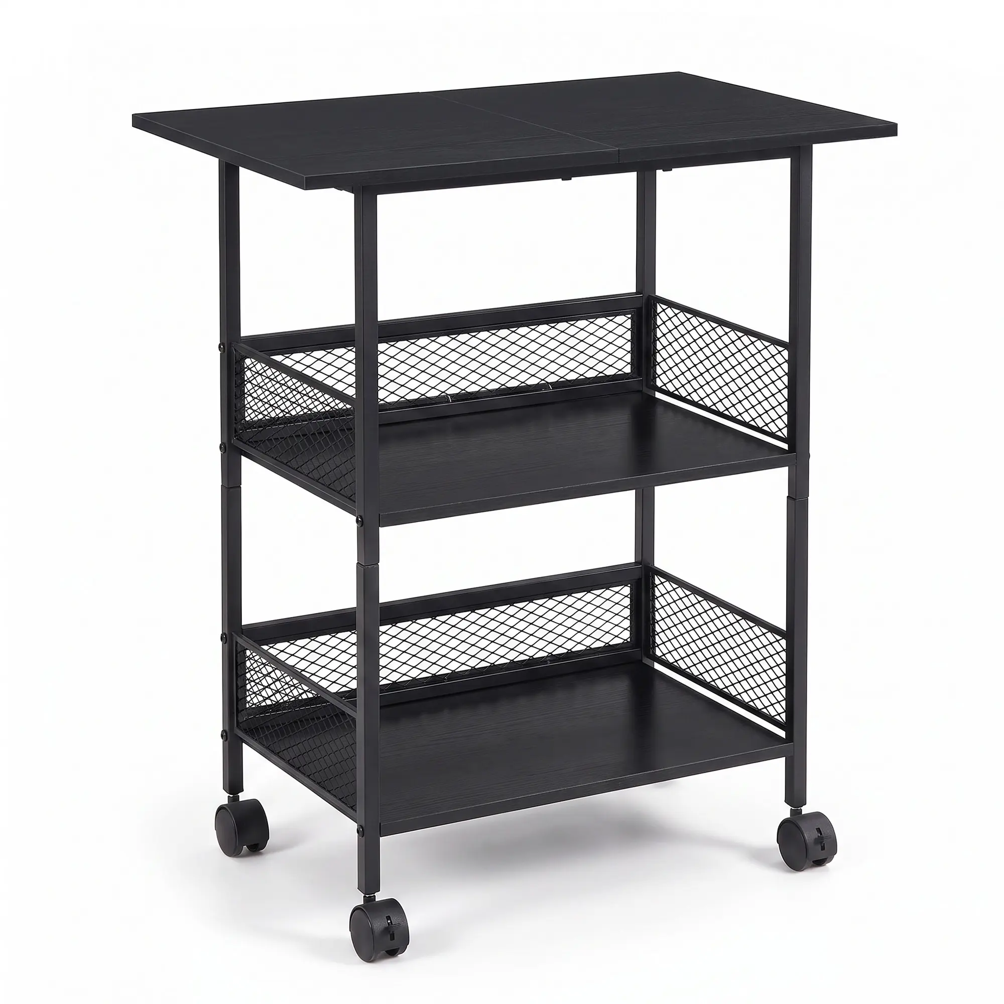 3-Tier Smooth Rolling Printer Stand Organiser with Adjustable Storage Shelves, Industrial Mobile Steel Frame & Wood Shelf Cart for Home Office, Kitchen