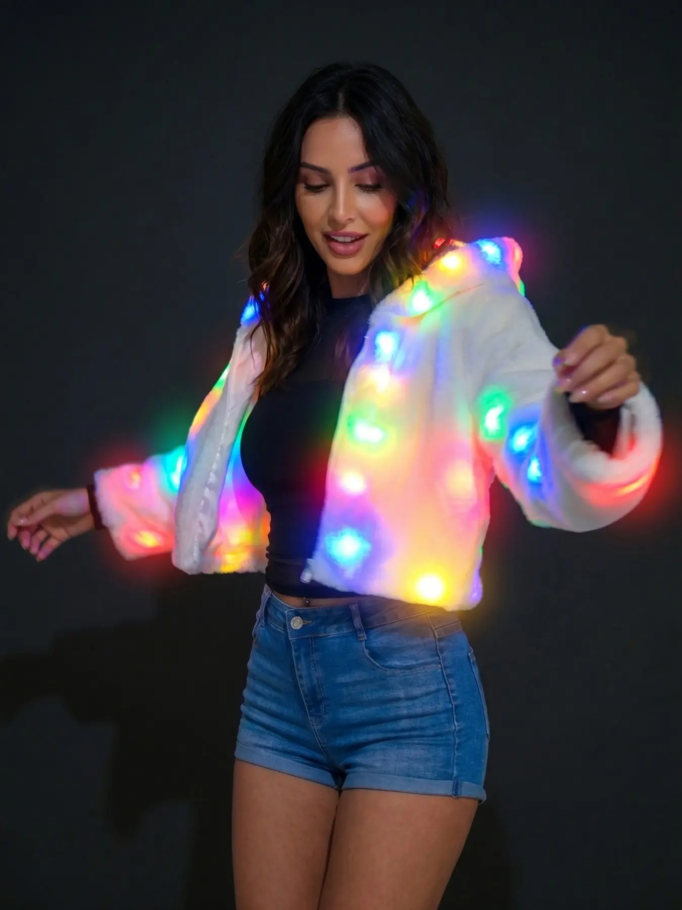 Women's LED Glow Hooded Faux Fur Coat, Cozy Plush Open‑Front Outerwear, Stylish Trendy Design, Ideal for Parties & Events (Without Batteries）