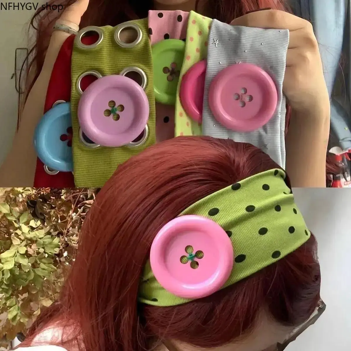 Women's Y2K Retro Polka Dot Wide Elastic Headband With Large Decorative Buttons, Stretch Hair Band Accessory For Ladies Daily Hairstyle Fixing Summer Casual Outfit Hair Styling Use