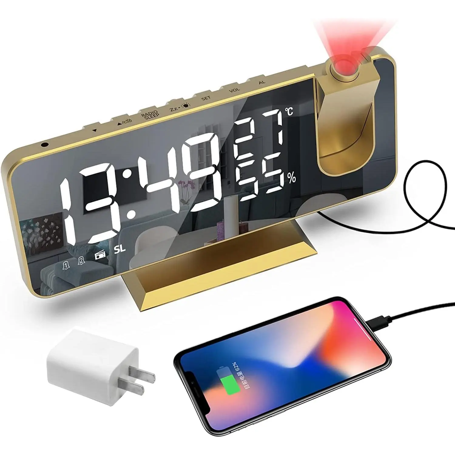 7.3 in Mirror Surface Digital Projection Clock Radio - Adjustable Light, Home Decor for Bedrooms Ceiling