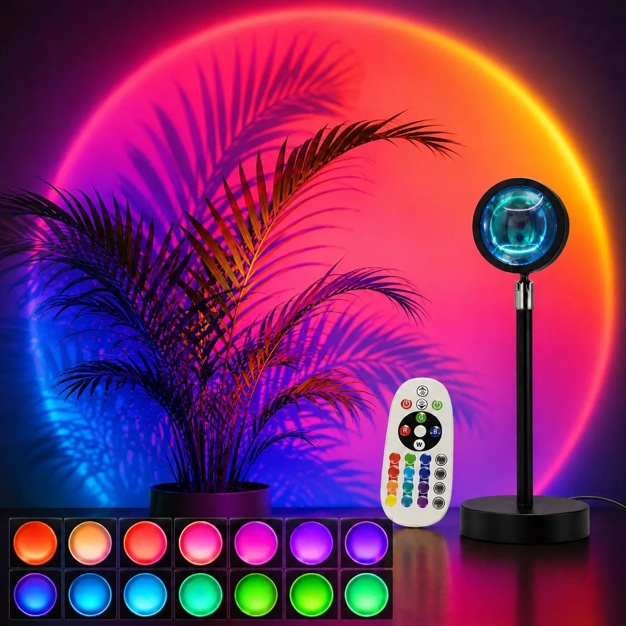Sunset Projection Lamp, 16 Colors RGB Atmosphere Light with Remote Control, USB Powered Decorative Bedside Lamp for Bedroom, Romantic Dinner, Party and Photo Shooting