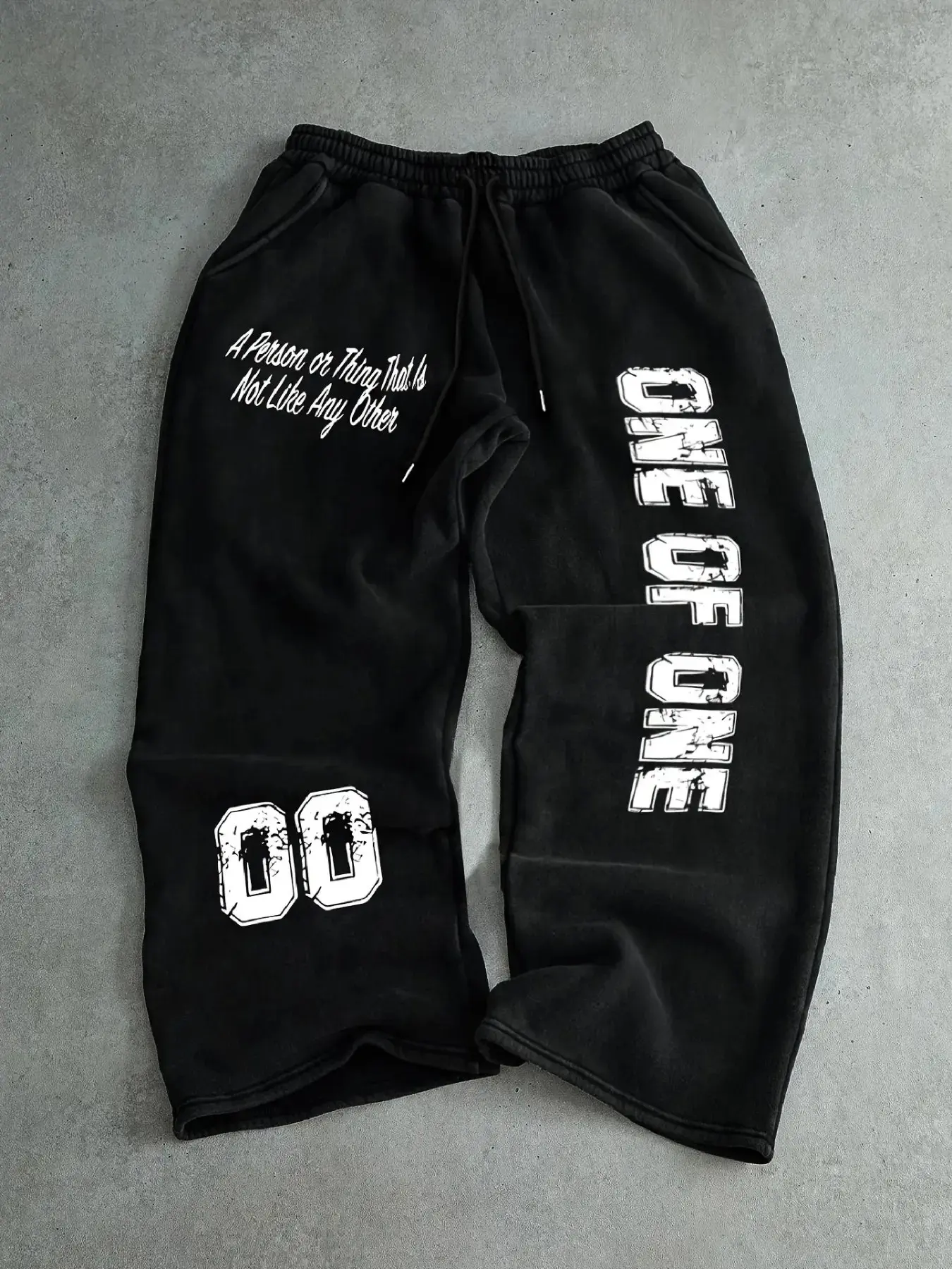 Washed Black Wide‑Leg Sweatpants, Multi‑Position Cracked “ONE OF ONE” & “00” Number Print, Drawstring Waist American Streetwear Draping Straight Floor‑Length Pants
