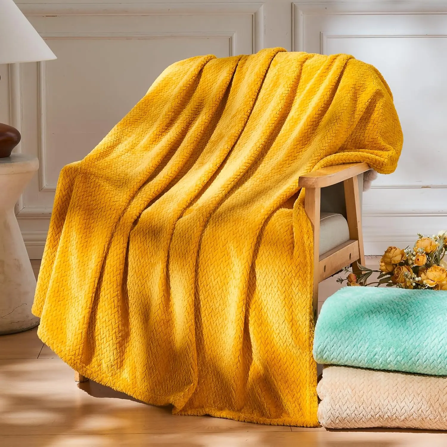 Mustard Yellow Flannel Fleece Leaves Pattern Soft Throw Blanket - Wrinkle Resistant, Lightweight, All Seasons Use - Ideal for Christmas, Father's Day, Birthday Gifting (50"x60")