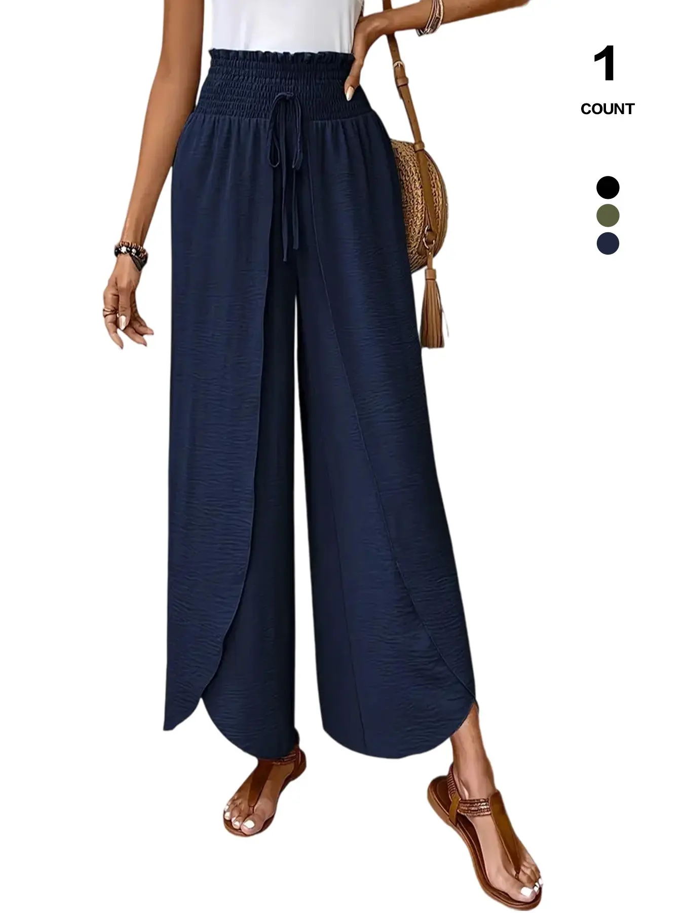 Women High Smocked Ruffle Waist Tassel Drawstring Wide Leg Lounge Pants, Lightweight Wrinkle Resistant, Flowy Split Hem, 3 Neutral Shades