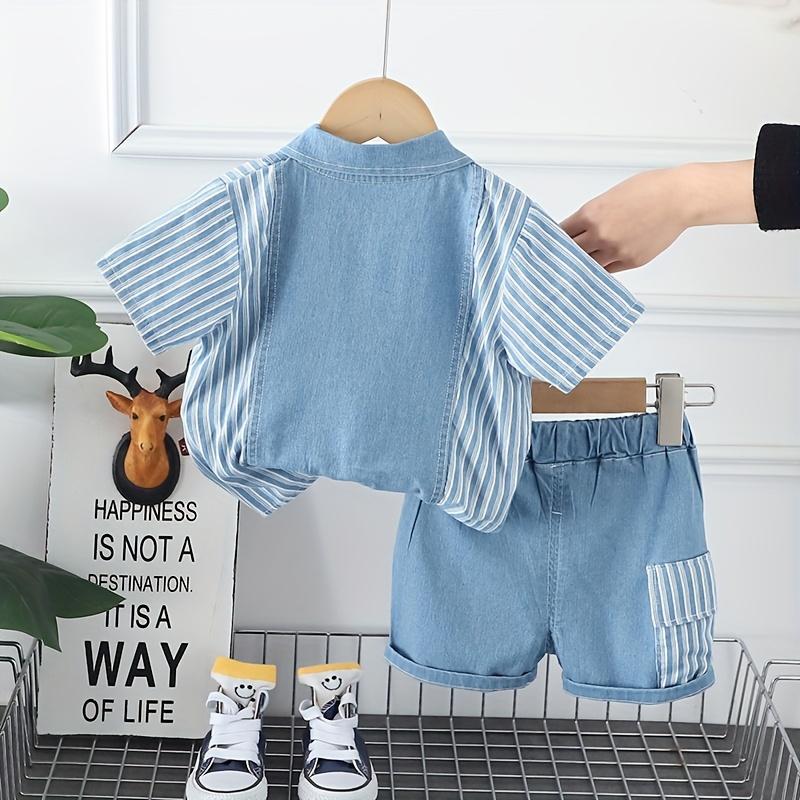NewBoys' Casual Fashion 2pcs Set, New Summer Style Boys' Short-Sleeve Denim Outfit with Vertical Pockets and Bear Head Design, Perfect for Outdoor(Gift)11