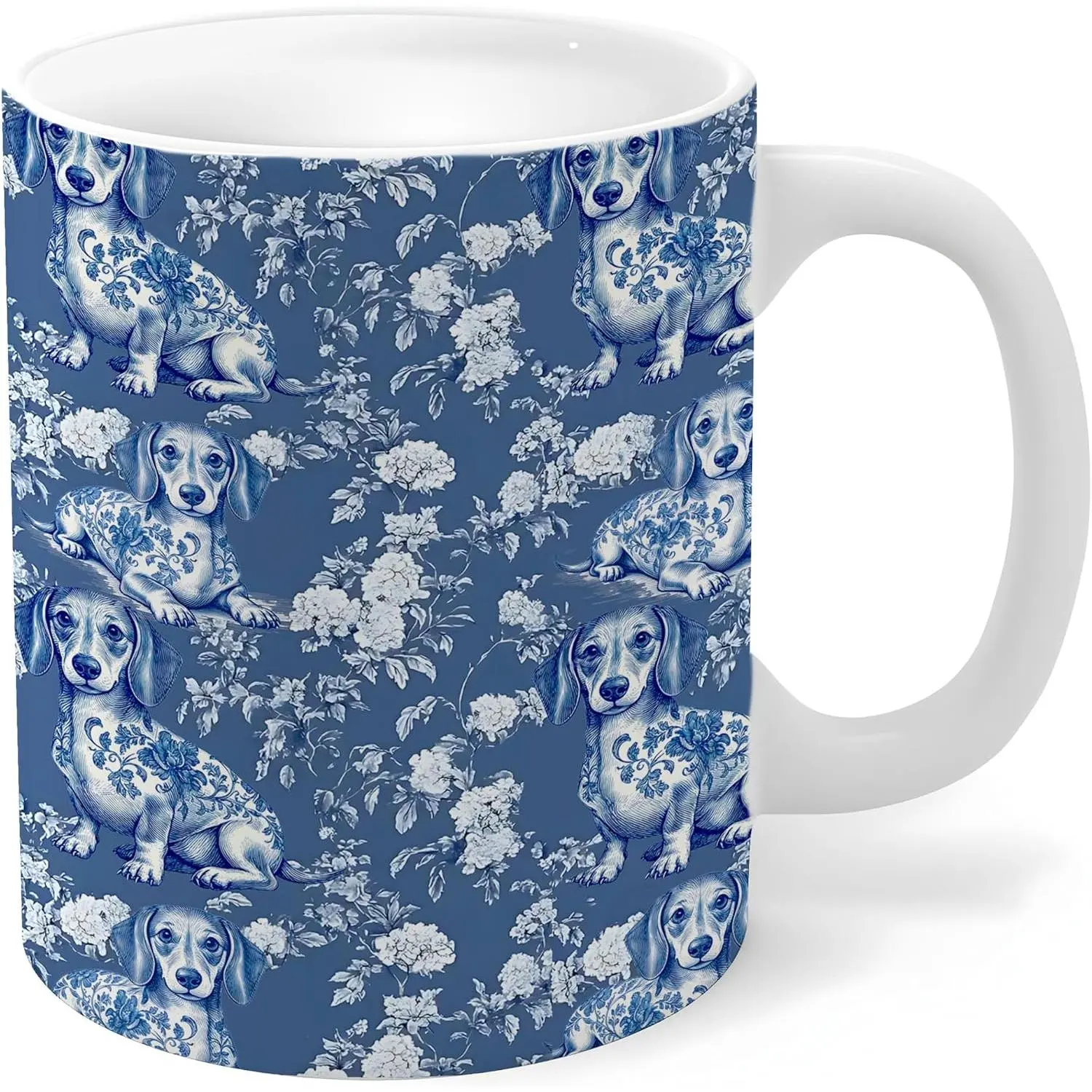 Chinoiserie Dachshund Ceramic Mug Cup With Handle 11 Oz, Dachshund Lover Gifts, Blue  Toile Floral Weiner  Porcelain Mugs for Coffee  Hot Cocoa Milk