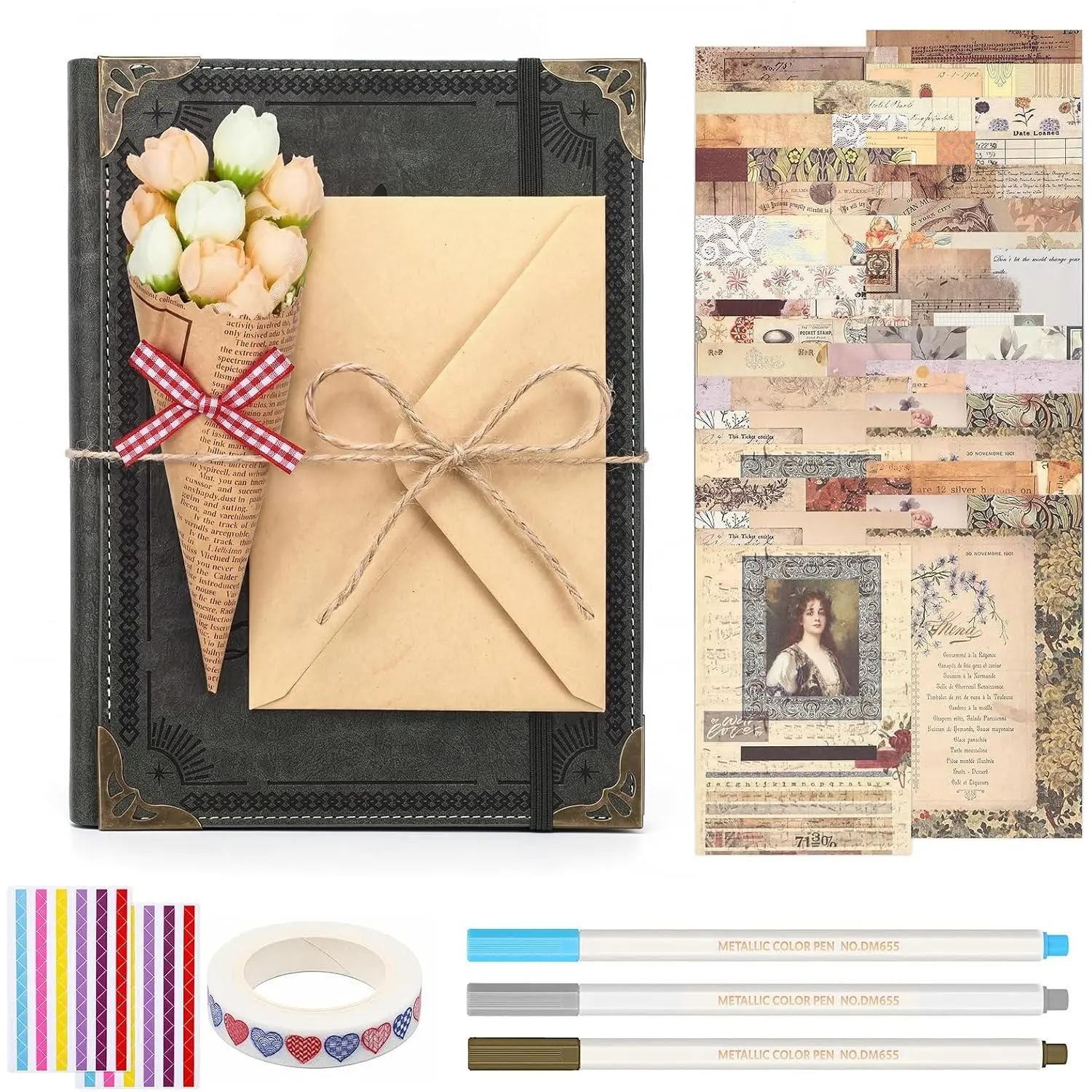 Photo Album Scrapbook Kit with PU Leather Cover Green  DIY Memory Book with 30 Sheet  Paper, 30 Photo Page, Pen, Rope, , Washi Tape for Wedding Travel Anniversary