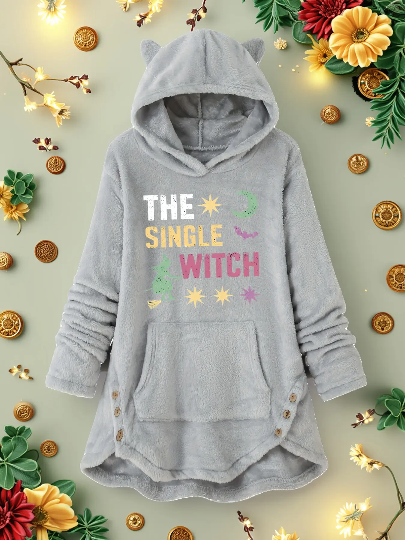 Y2K Retro Witch Moon Star Bat Print Fuzzy Robe, Halloween Cat Ear Hooded Thick Coral Velvet Long Home Wear, Women's Loose-Fitting Apparel